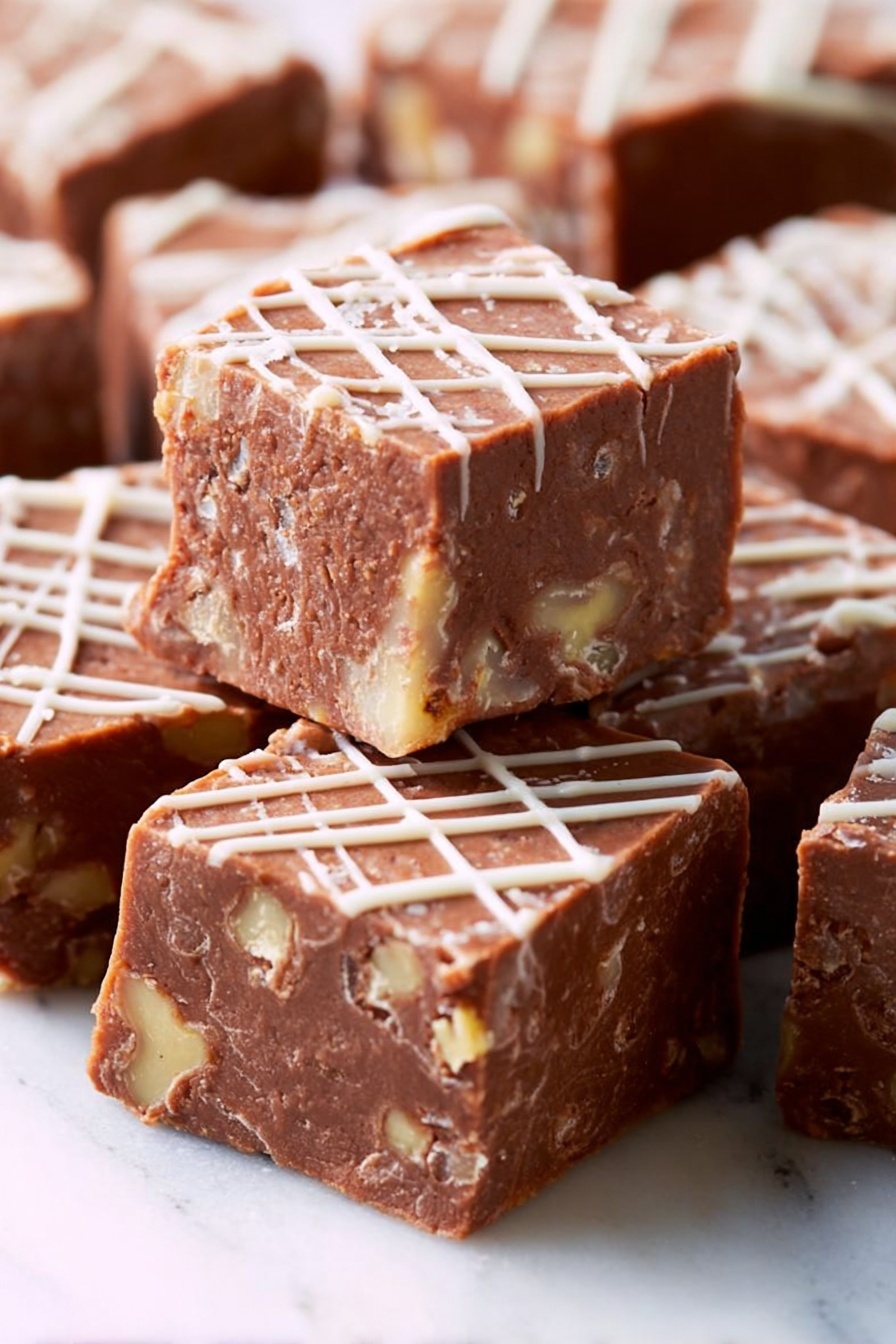 Decadent Christmas Fudge Recipe 6 The image shows several square pieces of thick brown fudge with visible small nut chunks inside. The fudge pieces are stacked and laid out closely on a white marbled surface. Each piece is decorated with thin white icing lines crisscrossing over the top, forming a simple grid pattern. The texture of the fudge looks smooth but firm, with a slight shine on the surface. One piece is balanced on top of the others, showing the rough edges and the nut bits inside. photo taken with an iphone --ar 2:3 --v 7 - Decadent Christmas Fudge, Christmas fudge recipe, holiday fudge recipes, festive holiday treats, easy Christmas fudge