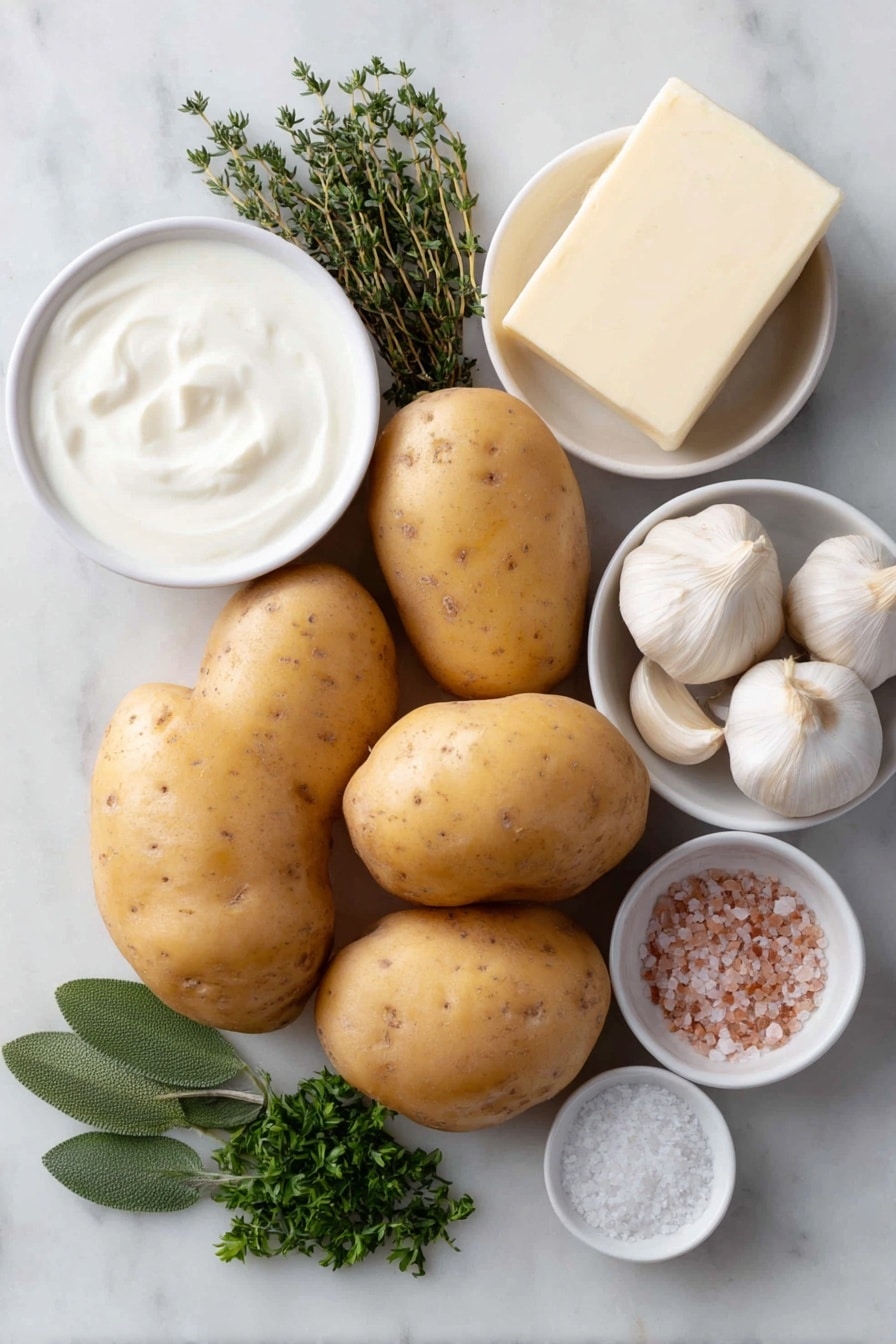 Garlic Herb Mashed Potatoes Recipe 7 Flat lay of fresh whole Yukon Gold potatoes with smooth yellow skins, a few sprigs of vibrant green fresh thyme, three large sage leaves with soft green texture, four large peeled garlic cloves, a small white ceramic bowl of creamy milk, a small white ceramic bowl of heavy cream, a simple white ceramic dish with a stick of rich golden butter, a small white ceramic bowl of pink sea salt crystals, a small white ceramic bowl containing fine garlic powder, and a few sprigs of fresh chopped parsley carefully arranged, all placed on a clean white marble surface, soft natural light, photo taken with an iPhone, professional food photography style, fresh ingredients, white ceramic bowls, no bottles, no duplicates, no utensils, no packaging --ar 2:3 --v 7 --p m7354615311229779997 - Garlic Herb Mashed Potatoes, flavorful mashed potatoes, creamy garlic mashed potatoes, herb-infused side dishes, gourmet mashed potato recipe