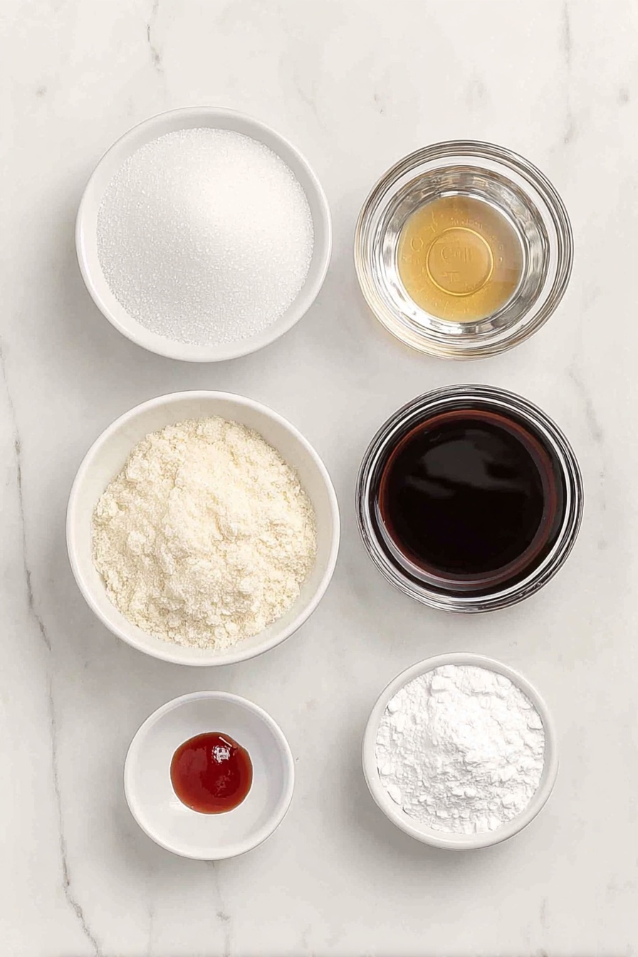 Flach lag aus einem kleinen Haufen weißen Granulatzuckers, einem kleinen Haufen hellem Maissirup in einer weißen Keramikschale, einer kleinen weißen Schale mit klarem Wasser, einer kleinen weißen Schale mit ein paar Tropfen leuchtend roter Lebensmittelfarbe, einer kleinen weißen Schale mit klarem Ölaroma und einer kleinen weißen Schale mit feinem Puderzucker zum Bestäuben,  alle symmetrisch auf einer sauberen weißen Marmoroberfläche angeordnet, weiches natürliches Licht, Foto mit einem iPhone, professioneller Food-Fotografie-Stil, frische Zutaten, weiße Keramikschalen, keine Flaschen, keine Duplikate, kein Besteck, keine Verpackung --ar 2:3 --v 7 --p m7354615311229779997 - Hausgemachte Hard Candy, einfache Süßigkeitenherstellung zu Hause, DIY-Rezept für Hardcandys, anpassbare Bonbon-Geschmacksrichtungen, glasähnliche Bonbon-Textur