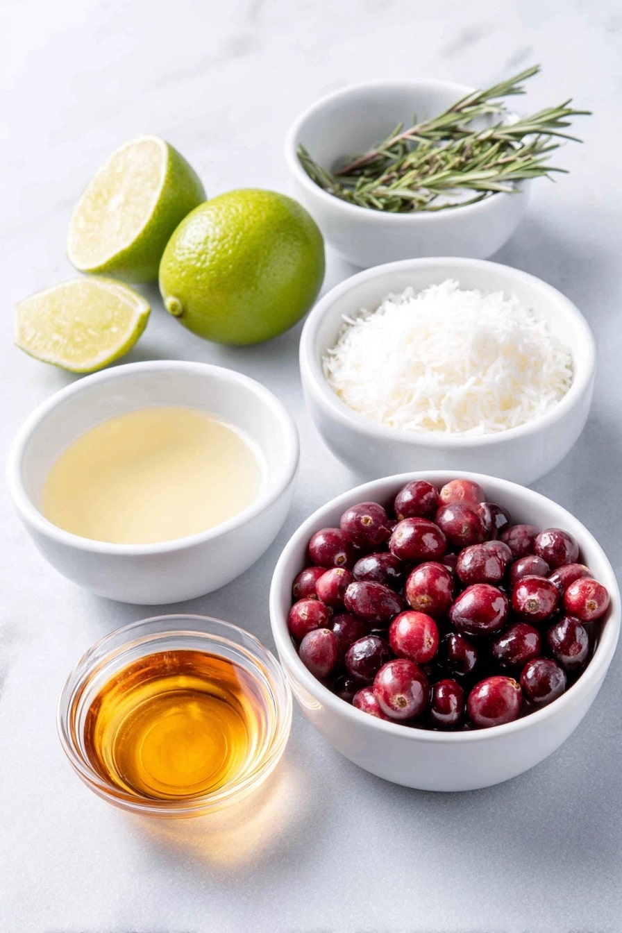 White Christmas Margarita Recipe 7 Flat lay of a fresh halved lime with visible juice, a small white ceramic bowl filled with shredded unsweetened coconut, a delicate sprig of fresh rosemary, a cluster of bright red cranberries, a small white bowl containing creamy white coconut cream, a small white bowl with clear lime juice, a small white bowl of golden tequila blanco, and a small white bowl of amber Cointreau, all arranged symmetrically on a clean white marble surface, soft natural light, photo taken with an iPhone, professional food photography style, fresh ingredients, white ceramic bowls, no bottles, no duplicates, no utensils, no packaging --ar 2:3 --v 7 --p m7354615311229779997 - White Christmas Margarita, holiday margarita, festive cocktails, coconut lime margarita, Christmas cocktail