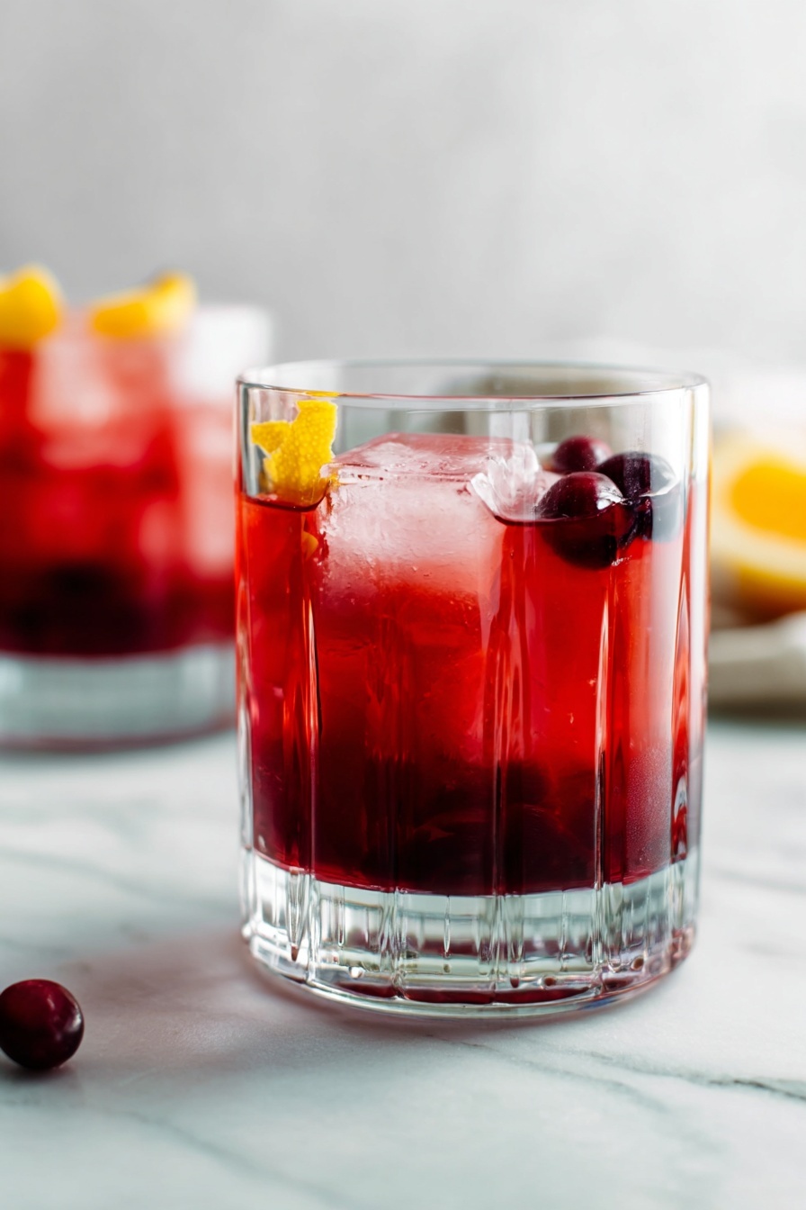 Holiday Rum Negroni with Sparkling Wine Recipe 6 The image shows a clear glass filled with a red drink on a white marbled surface. The glass has a thick clear base and vertical grooves in its texture. Inside the glass, the red liquid fills most of the space with several large, clear ice cubes floating near the top. On the surface of the drink, there are dark red berries and small twists of yellow citrus peel, adding bright contrast to the red and clear ice. In the blurred background, another similar glass with a red drink and citrus is visible. The setting is simple and clean with soft lighting, emphasizing the colors and textures of the drink. Photo taken with an iphone --ar 2:3 --v 7 - Holiday Rum Negroni with Sparkling Wine, festive cocktail, holiday Negroni with sparkling wine, holiday cocktail recipes, winter cocktail ideas