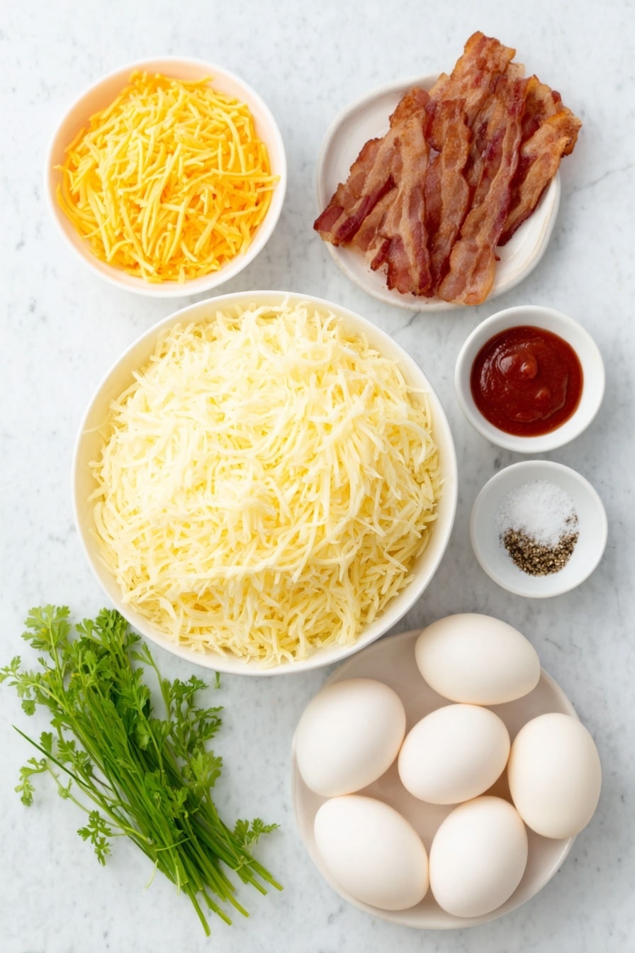 Hash Brown Egg Cups Recipe 7 Flat lay of a white ceramic bowl filled with thawed shredded golden hash browns, a cluster of eight large whole eggs with clean shells arranged in a semi-circle, a small white bowl of shredded sharp cheddar cheese, four strips of cooked crispy bacon crumbled loosely next to the cheese, a small white bowl containing coarse kosher salt, a small white bowl with ground black pepper, a few fresh green chive sprigs and a small bunch of curly parsley leaves, and a small white bowl holding vibrant red hot sauce, all arranged with perfect symmetry and balanced proportions, placed on a clean white marble surface, soft natural light, photo taken with an iPhone, professional food photography style, fresh ingredients, white ceramic bowls, no bottles, no duplicates, no utensils, no packaging --ar 2:3 --v 7 --p m7354615311229779997 - Hash Brown Egg Cups, breakfast egg cups, savory breakfast recipes, easy breakfast ideas, portable breakfast recipes