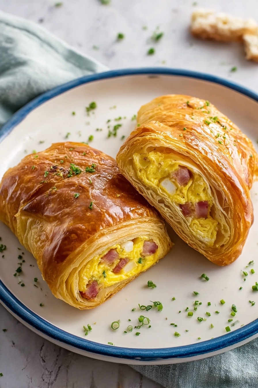 Easy Sausage Egg Breakfast Roll-Ups Recipe 6 Two pieces of golden brown flaky pastry rolls sit on a white plate with blue floral patterns. Each roll is cut open to show three layers inside: the outer shiny, layered pastry shell; the middle soft, yellow scrambled eggs; and the inner pinkish square of ham. Small green chopped herbs are sprinkled around the rolls on the plate. The plate is placed on a white marbled surface with blurred wooden elements in the background. Photo taken with an iphone --ar 2:3 --v 7 - Easy Sausage Egg Breakfast Roll-Ups, breakfast roll-ups, quick breakfast ideas, easy breakfast recipes, kid-friendly breakfast