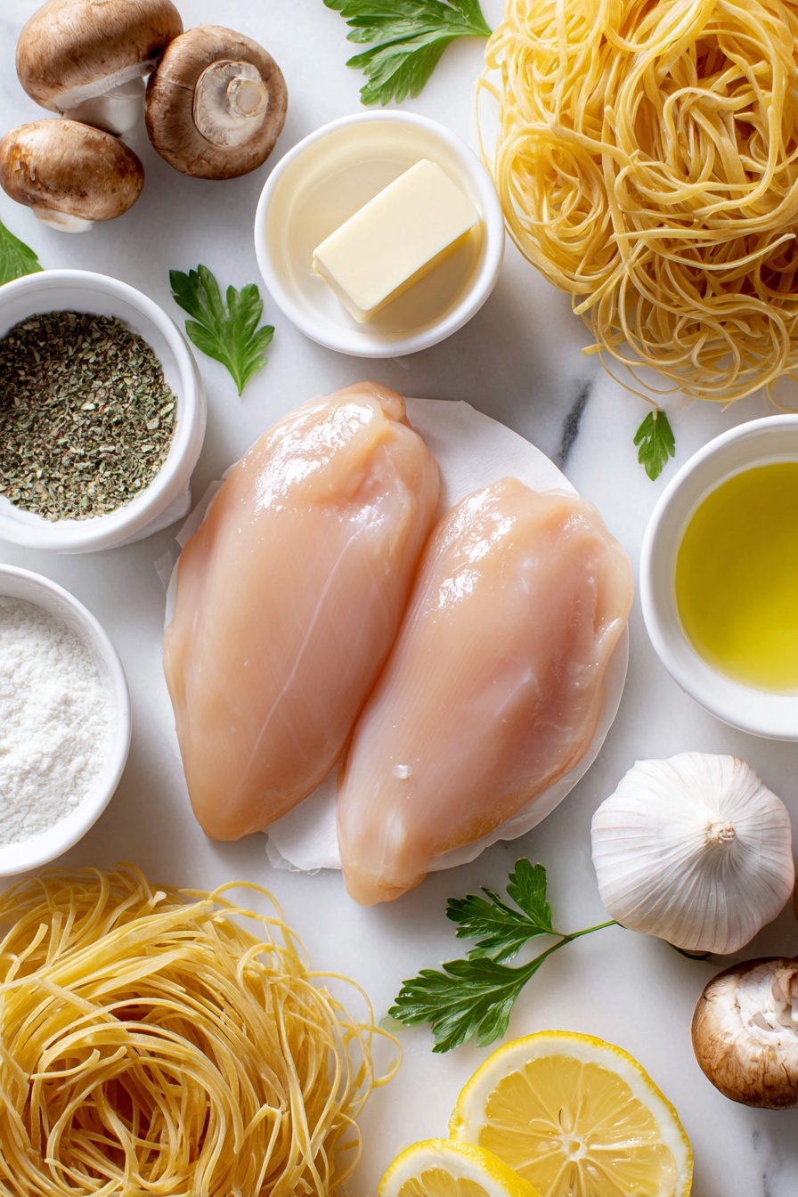 Flat lay of boneless skinless chicken breasts with smooth pale pink flesh, a small mound of coarse kosher salt crystals, a small pile of freshly ground black pepper, two whole uncracked garlic bulbs with papery white skins, a cluster of fresh cremini mushrooms quartered showing their soft brown caps and creamy interiors, a small white bowl filled with deep amber dry Marsala wine, a small pat of pale unsalted butter on a white dish, a small white bowl of clear water, a small white bowl containing white cornstarch powder, a small white bowl of rich heavy cream, two fresh bright yellow lemon wedges, a small pile of vibrant chopped green parsley leaves, a nest of delicate pale angel hair pasta arranged neatly, placed on a clean white marble surface, soft natural light, photo taken with an iPhone, professional food photography style, fresh ingredients, white ceramic bowls, no bottles, no duplicates, no utensils, no packaging --ar 2:3 --v 7 --p m7354615311229779997 - Slow Cooker Chicken Marsala, Chicken Marsala, Easy Slow Cooker Chicken Dinner, Italian Chicken Recipes, Crockpot Chicken Marsala