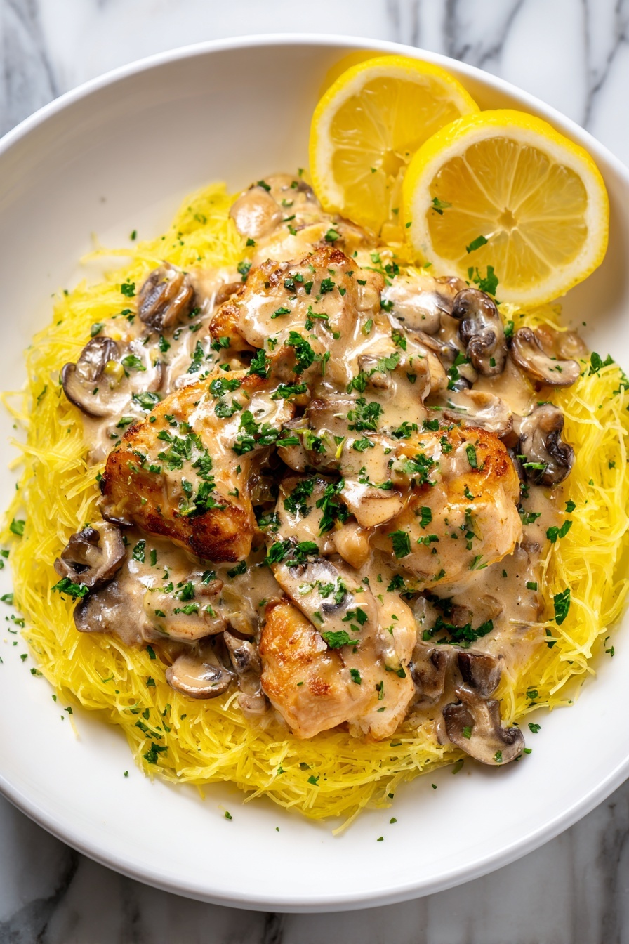 A white plate holds a dish with three main layers: the bottom layer is a bed of light yellow, thin spaghetti noodles spread out across the plate; on top of the noodles are three pieces of light tan chicken covered in a creamy beige sauce; scattered over the chicken and sauce are small brown mushrooms and sprinkled green parsley; two thin yellow lemon slices are placed on top of the chicken, adding a touch of brightness. The plate is set on a white marbled surface. photo taken with an iphone --ar 2:3 --v 7 - Slow Cooker Chicken Marsala, Chicken Marsala, Easy Slow Cooker Chicken Dinner, Italian Chicken Recipes, Crockpot Chicken Marsala