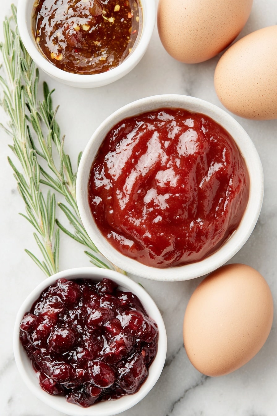 Flat lay of a small white ceramic bowl of bright red chili sauce, a small white ceramic bowl of glossy whole berry cranberry sauce with visible cranberries, a small white ceramic bowl of dark reddish-brown barbecue sauce, a few sprigs of fresh mustard seeds on stalks, and two whole brown eggs with clean shells placed symmetrically on a clean white marble surface, soft natural light, photo taken with an iPhone, professional food photography style, fresh ingredients, white ceramic bowls, no bottles, no duplicates, no utensils, no packaging --ar 2:3 --v 7 --p m7354615311229779997 - Cranberry BBQ Meatballs in Slow Cooker, savory cranberry meatballs, easy party meatballs, slow cooker appetizer recipes, holiday meatball ideas