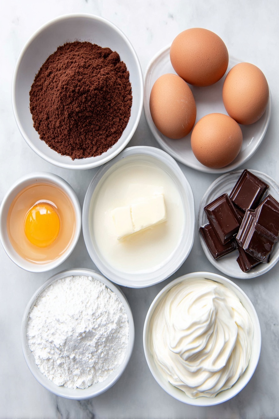 Slow Cooker Chocolate Caramel Cake Recipe 7 Flat lay of a small mound of rich dark brown Devils food cake mix powder beside three large brown eggs with clean shells, a small white bowl of clear water, a small white bowl with melted golden unsalted butter, a small white bowl filled with glossy thick sweetened condensed milk, a small white bowl holding smooth caramel topping, a small white bowl of fluffy white Cool Whip, and a few chopped pieces of glossy dark brown Heath bars arranged neatly, placed on a clean white marble surface, soft natural light, photo taken with an iPhone, professional food photography style, fresh ingredients, white ceramic bowls, no bottles, no duplicates, no utensils, no packaging --ar 2:3 --v 7 --p m7354615311229779997 - Slow Cooker Chocolate Caramel Cake, easy slow cooker chocolate cake, gooey caramel dessert, indulgent chocolate dessert recipes, no-bake caramel cake