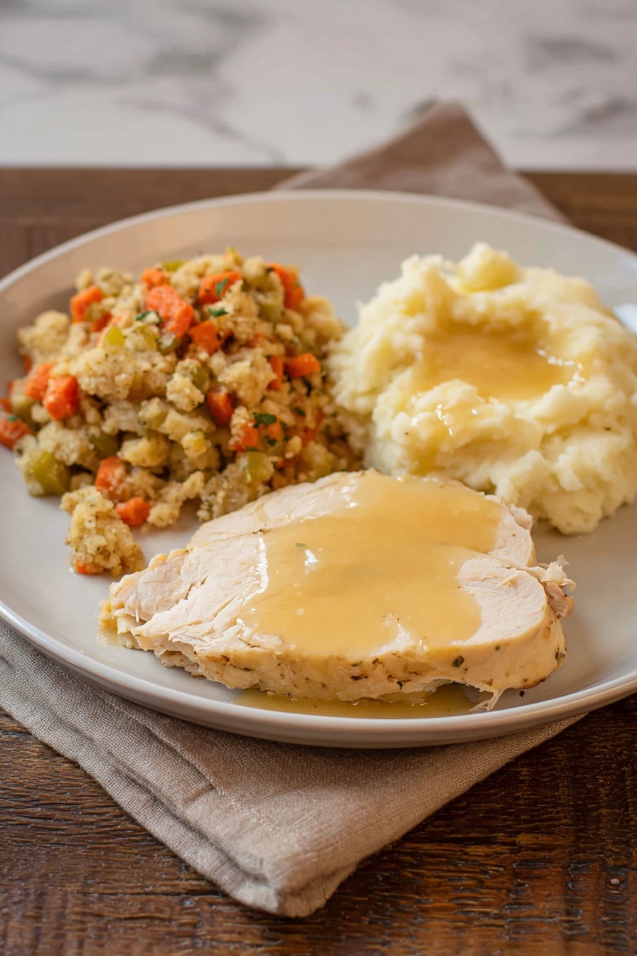 The image shows a white round plate with three main parts. On the left side, there is a scoop of stuffing with a rough texture, containing small pieces of orange carrot, green celery, and light brown bread. On the right side, there is a pile of creamy mashed potatoes with a smooth texture and a light buttery yellow sauce on top. In front of the mashed potatoes, there are two slices of light tan cooked meat covered with a glossy light brown gravy. The plate is on a brown wooden table with a beige cloth napkin nearby. The background is a white marbled texture photo taken with an iphone --ar 2:3 --v 7 - Slow Cooker Whole Chicken with Stuffing, easy slow cooker chicken recipe, comfort food dinner ideas, simple chicken and stuffing recipe, hands-off family meal