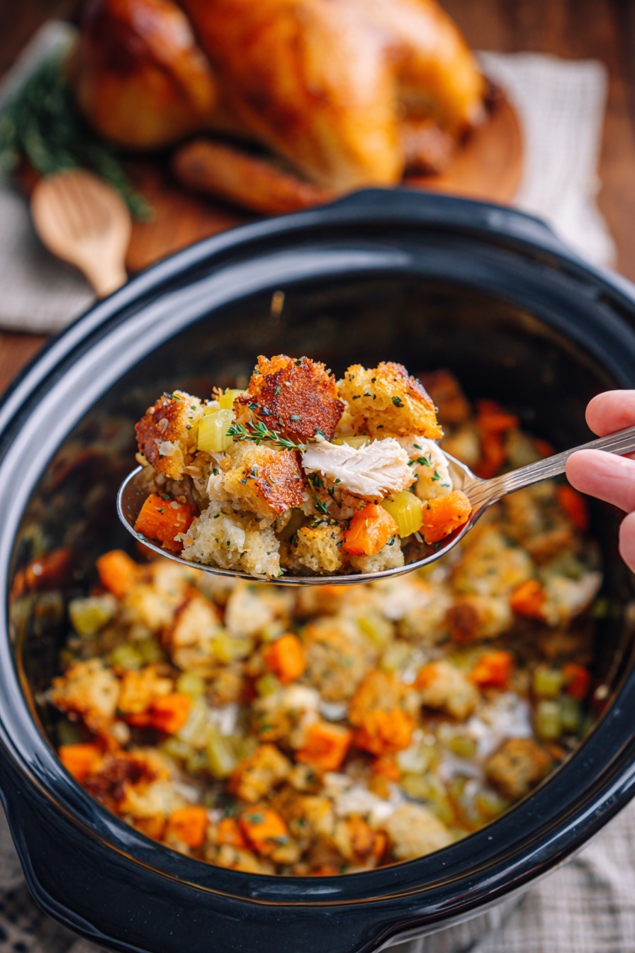 A cooked whole chicken with browned, crispy skin seasoned with herbs sits snugly in the center of a black slow cooker. Around the chicken, there is a layer of mixed diced vegetables and stuffing, mostly orange carrots, green celery, and beige bread pieces, filling the space evenly on all sides. Fresh green sprigs of thyme rest on top of the stuffing near the chicken’s leg. The slow cooker sits on a wooden table with a textured cloth and a wooden spatula nearby. The photo taken with an iphone --ar 2:3 --v 7 - Slow Cooker Whole Chicken with Stuffing, easy slow cooker chicken recipe, comfort food dinner ideas, simple chicken and stuffing recipe, hands-off family meal