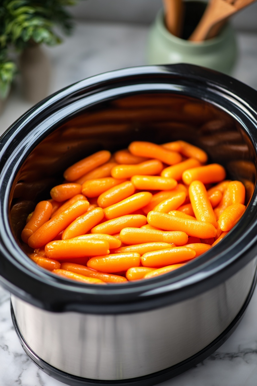 Slow Cooker Maple Glazed Carrots Recipe 6 The image shows a slow cooker filled with cooked baby carrots. The carrots are bright orange, shiny, and smooth, packed close together in one layer, filling the pot almost to the top. The slow cooker is black inside with a stainless steel outer body, placed on a white marbled surface. In the blurred background, household items like kitchen utensils and a plant can be seen. Photo taken with an iphone --ar 2:3 --v 7 - Slow Cooker Maple Glazed Carrots, easy carrot side dish, holiday vegetable recipes, sweet glazed carrots, healthy vegetable side