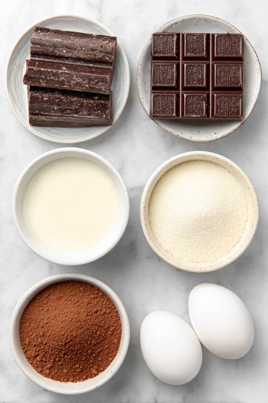 Flat lay of a small white ceramic bowl filled with whole milk, a small white ceramic bowl of heavy cream, a small white ceramic bowl of granulated sugar, two thick squares of coarsely chopped semi-sweet chocolate, a small white ceramic bowl with natural cocoa powder, and two whole clean eggs with uncracked shells, all arranged symmetrically in balanced proportions, placed on a clean white marble surface, soft natural light, photo taken with an iPhone, professional food photography style, fresh ingredients, white ceramic bowls, no bottles, no duplicates, no utensils, no packaging --ar 2:3 --v 7 --p m7354615311229779997 - Slow Cooker Hot Chocolate, hot chocolate recipe, easy hot chocolate, winter drinks, cozy hot chocolate