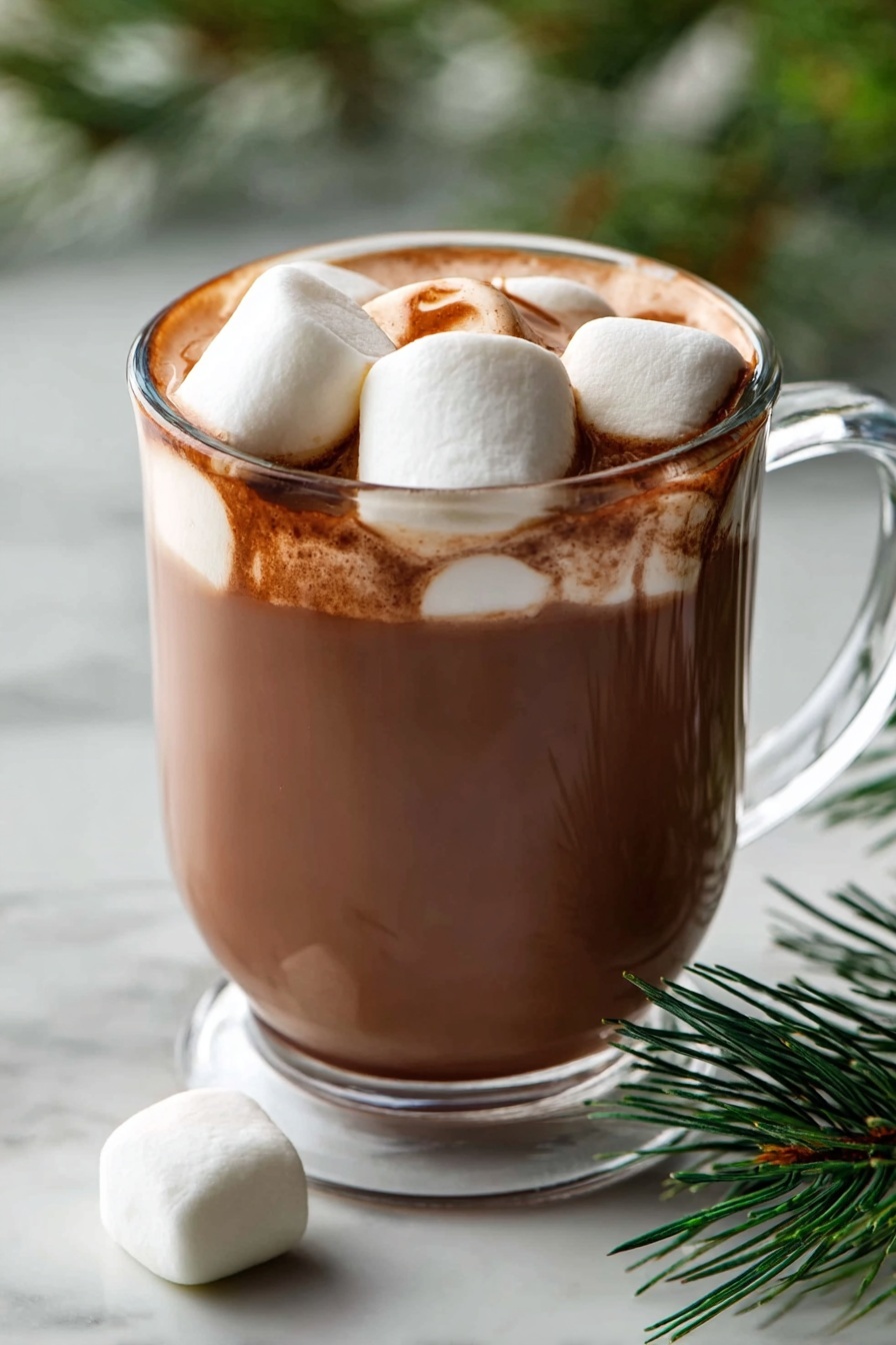 A white oval dish filled with smooth, rich brown hot chocolate, topped with several white marshmallows that have begun to melt slightly around the edges, floating on the surface. The dish is placed on a white marbled surface with a small white bowl of extra marshmallows nearby, along with a gray whisk and a checkered cloth in beige and white tones. The textures show the creamy hot chocolate contrasting with the soft, fluffy marshmallows, and the scene is cozy and inviting. photo taken with an iphone --ar 2:3 --v 7 - Slow Cooker Hot Chocolate, hot chocolate recipe, easy hot chocolate, winter drinks, cozy hot chocolate