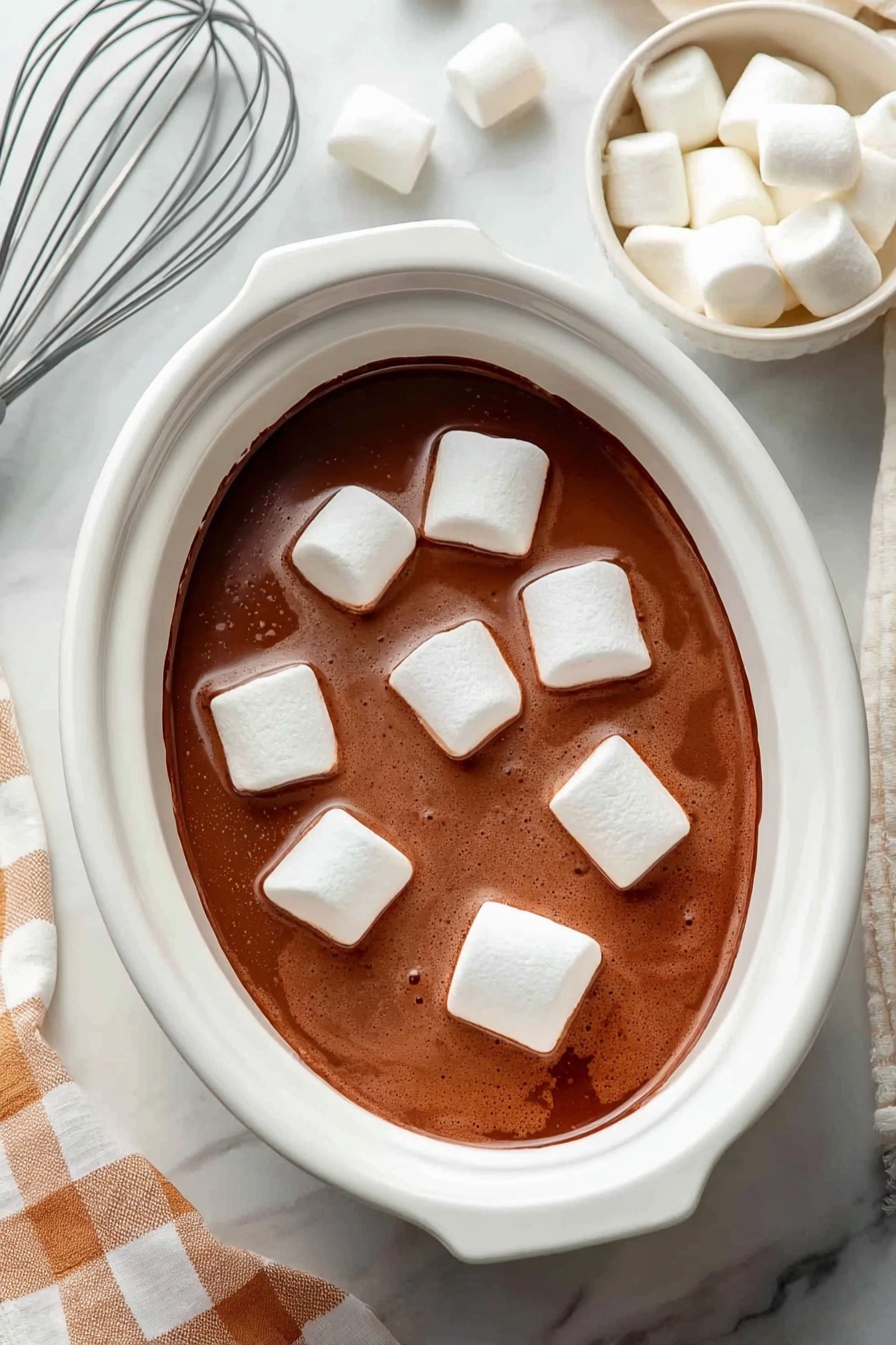 A clear glass mug filled with creamy brown hot chocolate topped with four large white marshmallows slightly melted at the edges with a light brown swirl from the chocolate, placed on a white marbled surface with a green pine branch near the bottom right side. One white marshmallow lies outside the mug near the base. The background is blurred with hints of green. Photo taken with an iphone --ar 2:3 --v 7 - Slow Cooker Hot Chocolate, hot chocolate recipe, easy hot chocolate, winter drinks, cozy hot chocolate