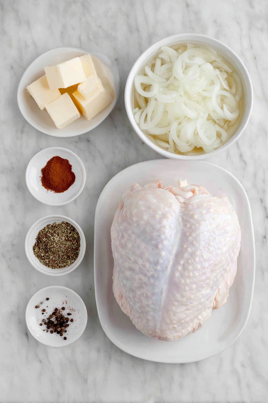 Slow Cooker Turkey Breast Recipe 7 Flat lay of a whole boneless turkey breast with natural skin, a small pile of garlic powder and smoked paprika powders side by side, a small mound of mixed poultry seasoning herbs, a pinch of coarse salt and black peppercorns scattered neatly, a simple white ceramic bowl filled with thinly sliced fresh onions, another white ceramic bowl containing clear chicken broth, and a few small cubes of unsalted butter arranged in a triangle on a white ceramic plate, all placed on a clean white marble surface, soft natural light, photo taken with an iPhone, professional food photography style, fresh ingredients, white ceramic bowls, no bottles, no duplicates, no utensils, no packaging --ar 2:3 --v 7 --p m7354615311229779997 - Slow Cooker Turkey Breast, turkey breast recipe, easy turkey dinner, tender turkey roast, effortless turkey cooking