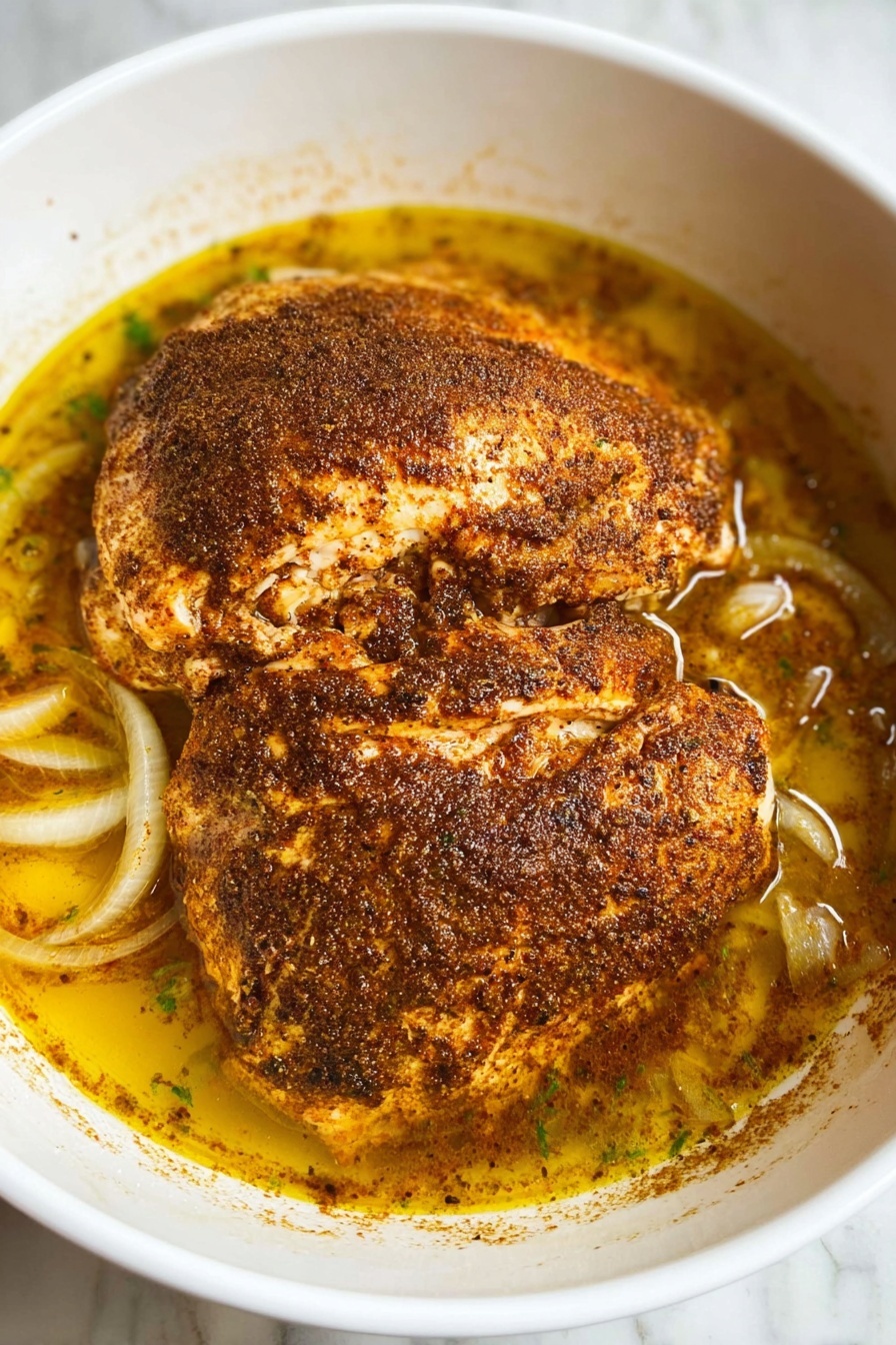 Slow Cooker Turkey Breast Recipe 6 The image shows a white bowl with two large pieces of cooked chicken covered in a dark brown spice rub, sitting in a shallow pool of golden yellow broth with visible thin slices of cooked onions underneath. The chicken has a textured, slightly crispy surface, and the broth surrounds the chicken, filling the bottom of the bowl. The background is a white marbled texture. photo taken with an iphone --ar 2:3 --v 7 - Slow Cooker Turkey Breast, turkey breast recipe, easy turkey dinner, tender turkey roast, effortless turkey cooking
