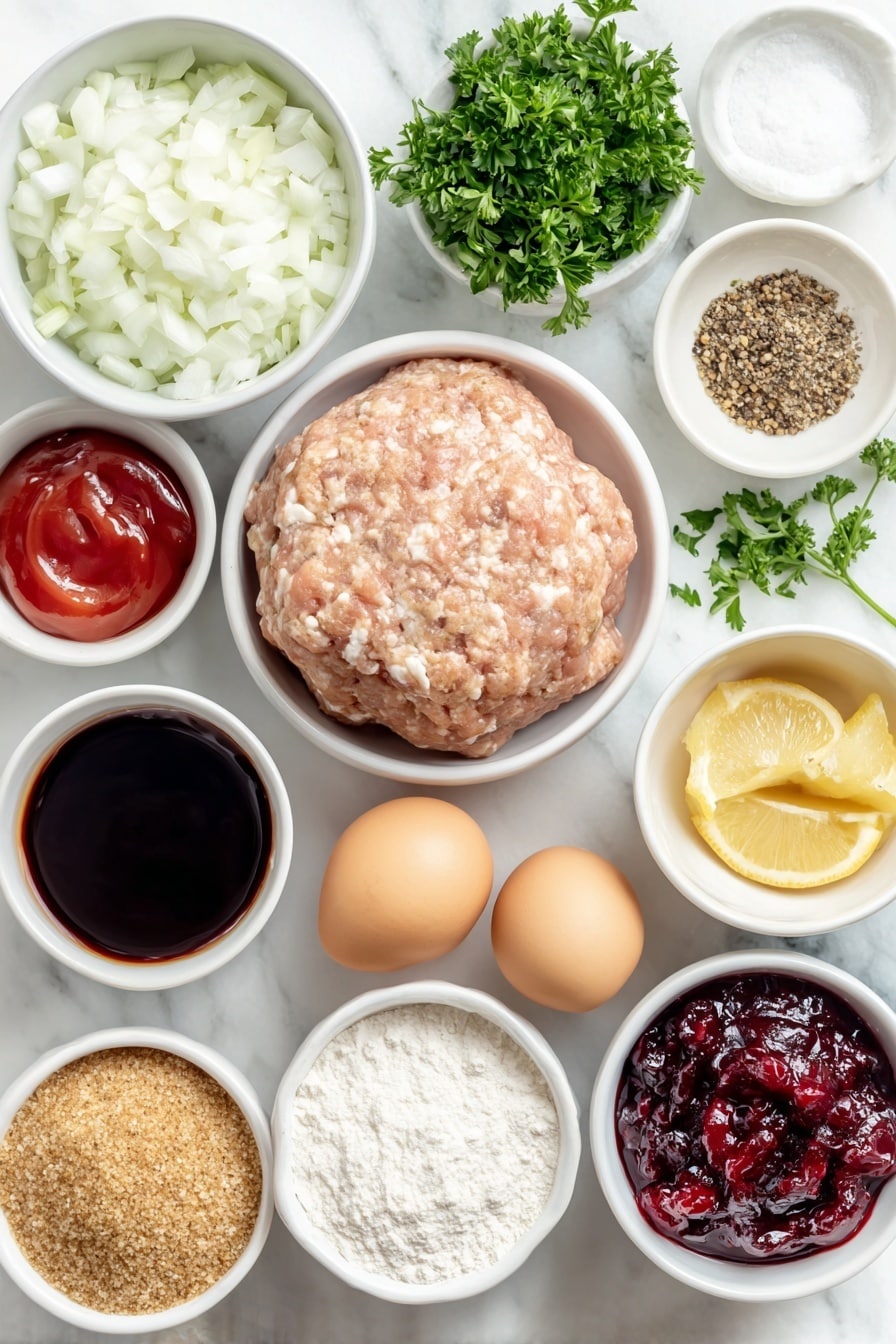 Cranberry Meatballs Recipe 7 Flat lay of a small white bowl filled with finely chopped small onion, a portion of fresh extra lean ground pork shaped loosely in a mound, a small white bowl of panko breadcrumbs, two whole uncracked brown eggs, a small white bowl of bright red ketchup, a small white bowl holding dark Worcestershire sauce, a small bunch of fresh flat-leaf parsley with chopped sprigs scattered nearby, a small white bowl of coarse salt, a small white bowl of whole black peppercorns, a small white bowl of deep red whole berry cranberry sauce, a small white bowl of packed brown sugar, a small white bowl with freshly squeezed lemon juice and a few lemon wedges, all arranged with perfect symmetry and balanced spacing on a clean white marble surface, soft natural light, photo taken with an iPhone, professional food photography style, fresh ingredients, white ceramic bowls, no bottles, no duplicates, no utensils, no packaging --ar 2:3 --v 7 --p m7354615311229779997 - Cranberry Meatballs, holiday meatballs with cranberry sauce, easy cranberry meatballs, savory cranberry meatball recipe, festive appetizer ideas