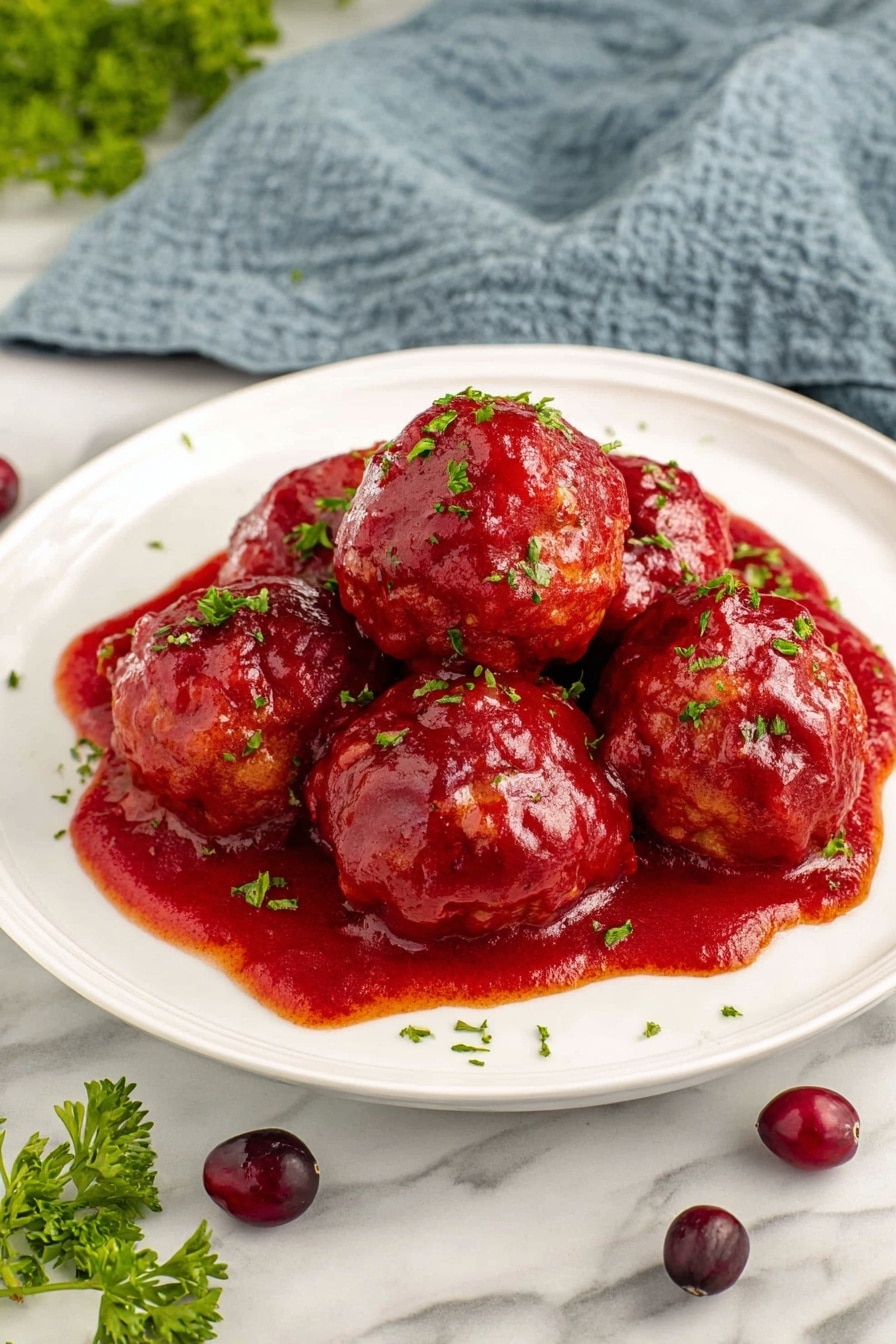 Cranberry Meatballs Recipe 6 A white plate holds five round meatballs covered in thick, bright red sauce with a smooth texture. The sauce pools slightly around the meatballs at the base. Small bits of green herbs are sprinkled over the meatballs and sauce. The plate rests on a white marbled surface with fresh green herbs and a few dark red cranberries scattered nearby, with a soft blue cloth in the background. Photo taken with an iphone --ar 2:3 --v 7 - Cranberry Meatballs, holiday meatballs with cranberry sauce, easy cranberry meatballs, savory cranberry meatball recipe, festive appetizer ideas