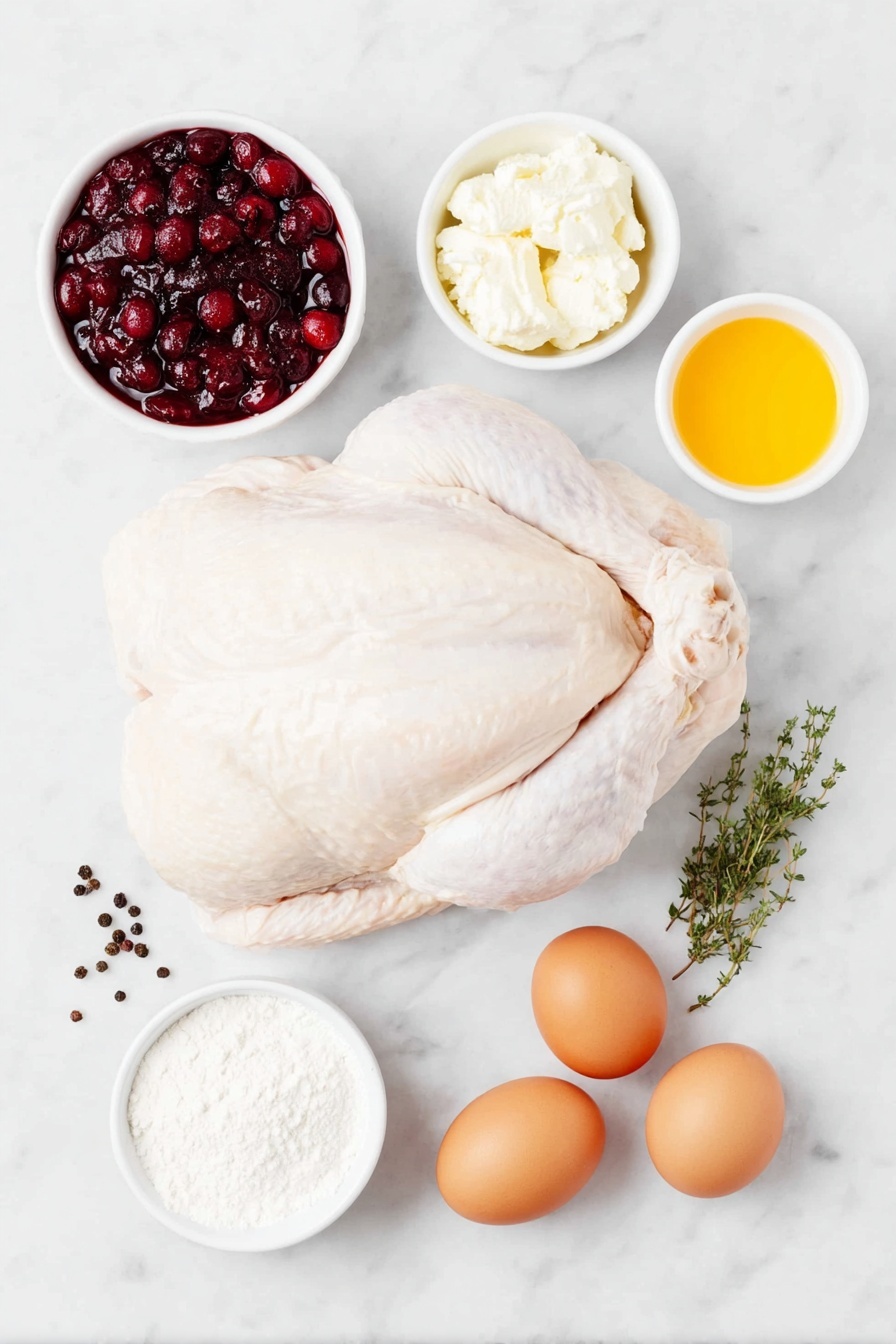 Crock Pot Cranberry Turkey Breast Recipe 7 Flat lay of a whole boneless turkey breast with netting intact, a small mound of coarse salt crystals, a few whole black peppercorns scattered, a small white ceramic bowl filled with glossy whole berry cranberry sauce, a small white ceramic bowl containing bright orange fresh orange juice, a small white ceramic bowl holding fine onion soup seasoning powder, a small white ceramic bowl with a smooth pale cornstarch powder, a small white ceramic bowl with clear cold water, and two large clean whole brown eggs placed neatly, all arranged in perfect symmetry on a clean white marble surface, soft natural light, photo taken with an iPhone, professional food photography style, fresh ingredients, white ceramic bowls, no bottles, no duplicates, no utensils, no packaging --ar 2:3 --v 7 --p m7354615311229779997 - Crock Pot Cranberry Turkey Breast, slow cooker turkey with cranberry sauce, easy holiday turkey recipe, moist turkey in Crock Pot, festive slow cooker turkey