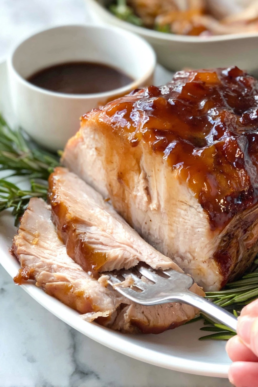 Crock Pot Cranberry Turkey Breast Recipe 8 A close-up of a cooked ham with a shiny, golden-brown glaze covering its surface, showing textured lines and pieces of dark brown cloves embedded. The ham rests on sprigs of fresh green rosemary, placed on a white plate with a white marbled background partially visible. The glaze creates a glossy effect that highlights the meat's texture and the herbs around it. Photo taken with an iphone --ar 2:3 --v 7 - Crock Pot Cranberry Turkey Breast, slow cooker turkey with cranberry sauce, easy holiday turkey recipe, moist turkey in Crock Pot, festive slow cooker turkey