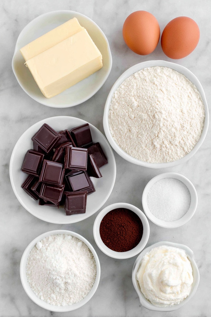 Hot Chocolate Brownies with Marshmallow Frosting Recipe 7 Flat lay of unsalted butter in a small white ceramic bowl, chopped semisweet chocolate pieces on a white ceramic plate, granulated sugar in a small white bowl, two whole brown eggs with clean shells, a small white bowl of vanilla extract, a small white bowl of cocoa powder, a small white bowl with instant coffee granules, all-purpose flour in a small white bowl, a small white bowl of salt, marshmallow fluff dolloped in a small white bowl, powdered sugar in a small white bowl placed symmetrically on a clean white marble surface, soft natural light, photo taken with an iPhone, professional food photography style, fresh ingredients, white ceramic bowls, no bottles, no duplicates, no utensils, no packaging --ar 2:3 --v 7 --p m7354615311229779997 - Hot Chocolate Brownies with Marshmallow Frosting, chocolate brownie dessert, hot cocoa brownies, marshmallow frosting recipe, cozy chocolate treats