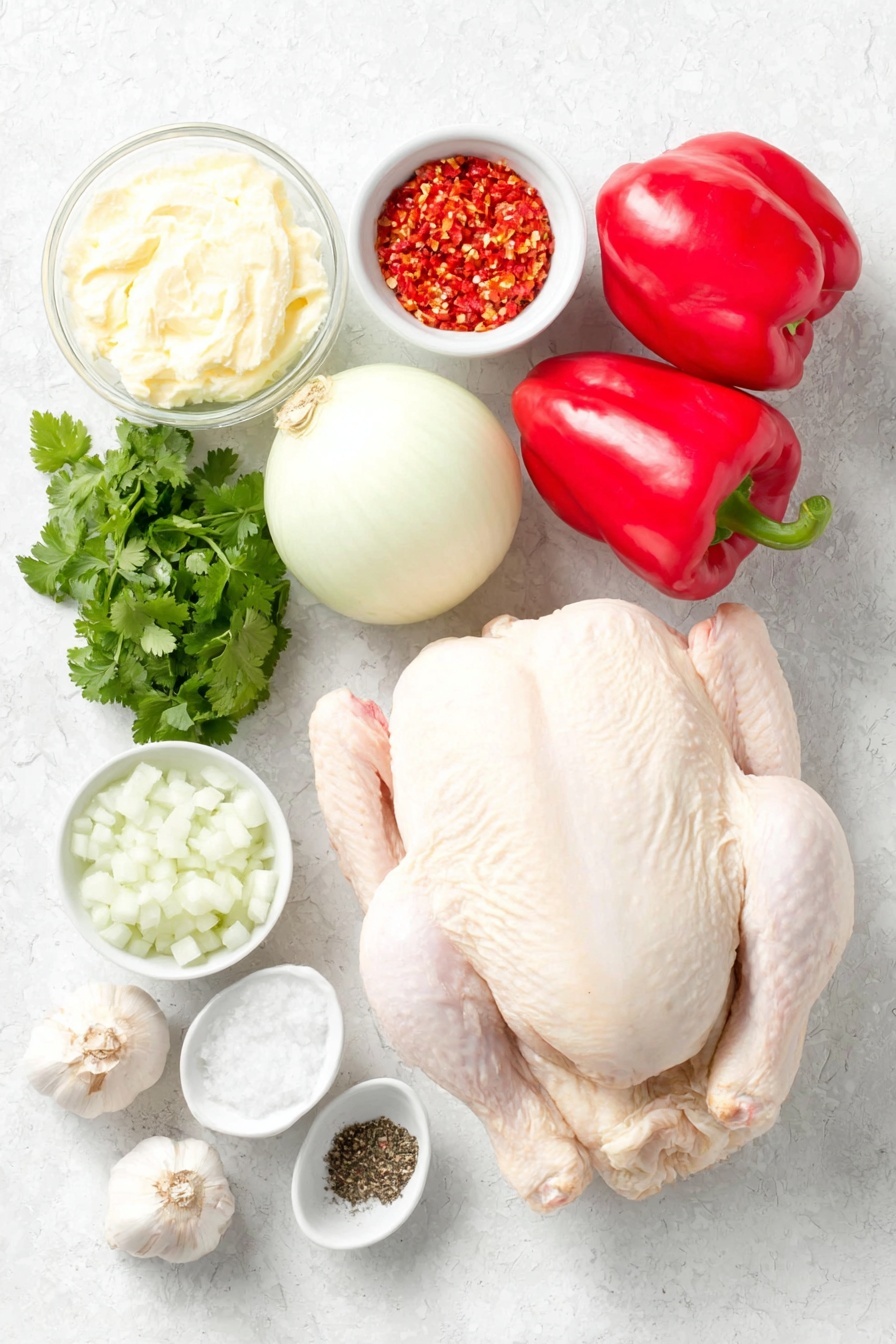 Latin Mayo Roasted Chicken Recipe 7 Flat lay of a whole clean raw chicken with pale skin, a whole fresh lime cut in half showing bright green flesh, three vibrant red bell peppers, two medium white onions with smooth skins, a small bunch of fresh green cilantro sprigs, four whole uncracked brown garlic cloves, a small white ceramic bowl filled with creamy pale mayonnaise, a small white ceramic bowl containing finely chopped red pepper, a small white ceramic bowl with finely chopped onion, a small white ceramic bowl with fresh lime juice, a small white ceramic bowl of coarse salt, and a small white ceramic bowl of ground black pepper, all arranged symmetrically on a clean white marble surface, soft natural light, photo taken with an iPhone, professional food photography style, fresh ingredients, white ceramic bowls, no bottles, no duplicates, no utensils, no packaging --ar 2:3 --v 7 --p m7354615311229779997 - Latin Mayo Roasted Chicken, Latin roasted chicken recipe, flavorful roast chicken with mayonnaise, Latin cuisine chicken, easy Latin chicken dinner