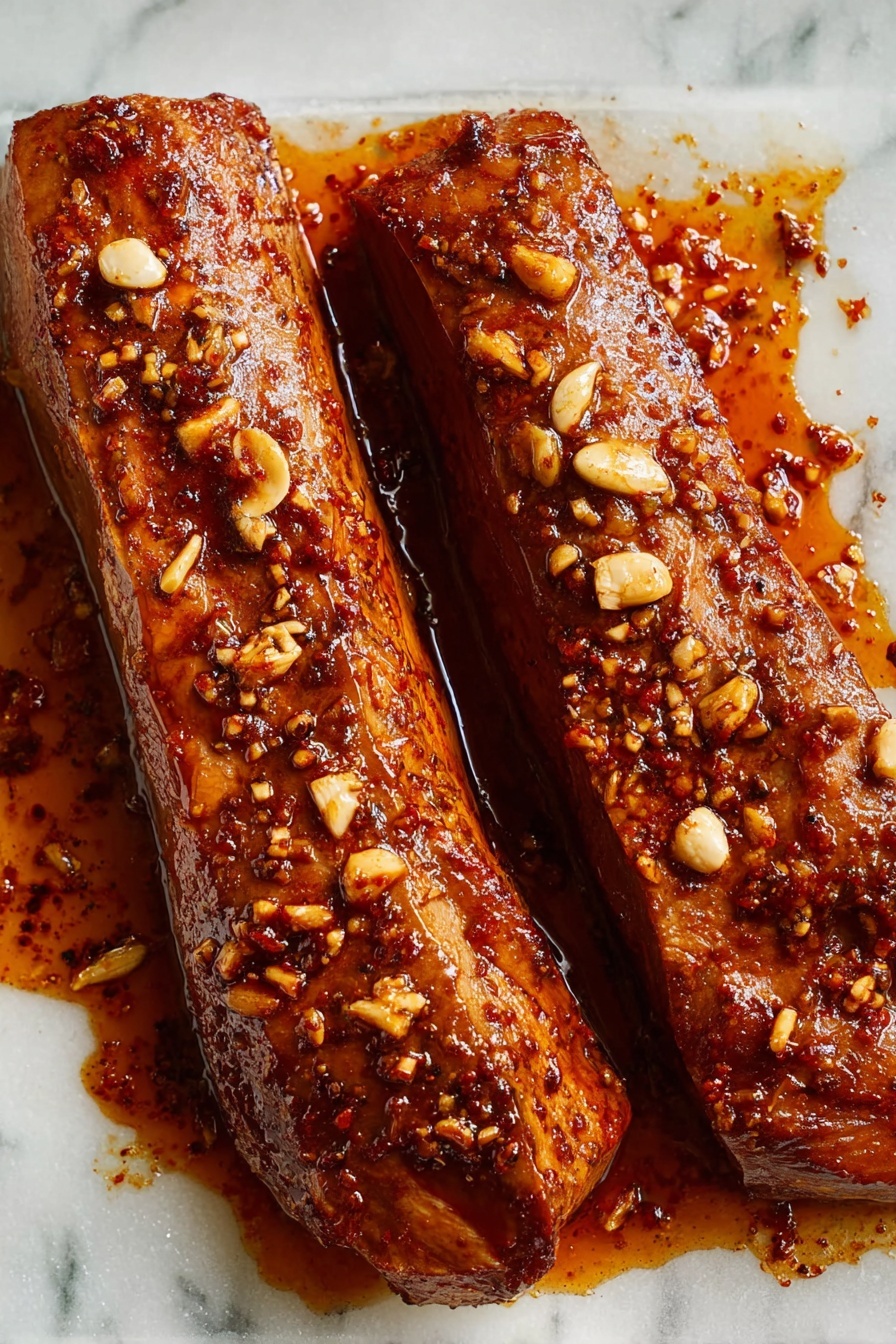 Honey Sriracha Pork Tenderloin Roast Recipe 6 The image shows two long meat pieces placed side by side on a white marbled surface. Both meat pieces are covered with a dark orange-brown sauce that has visible spices and small pieces of chopped garlic scattered on top and around them. The texture of the meat looks smooth and moist, with some parts showing a slightly charred or grilled appearance. The sauce pools slightly around the edges, giving a shiny and rich look to the dish. photo taken with an iphone --ar 2:3 --v 7 - Honey Sriracha Pork Tenderloin Roast, spicy pork roast recipe, honey glazed pork, tender pork tenderloin, easy flavorful pork dinner