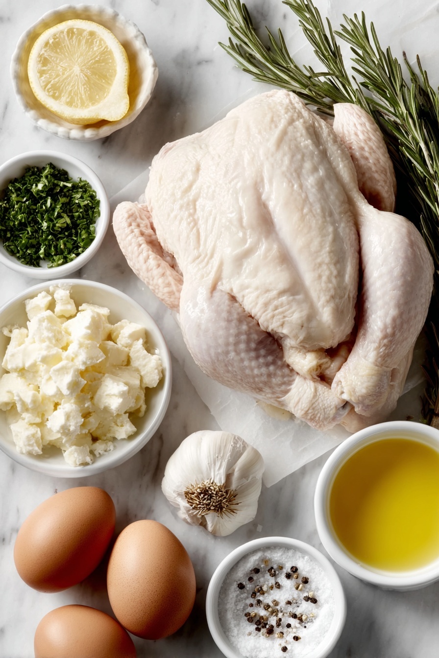 Flat lay of a whole raw chicken with pale pink skin, a few bright green rosemary sprigs, a halved yellow lemon showing juicy interior, four whole uncracked brown eggs, a small white ceramic bowl of melted golden butter, a small white bowl with finely minced fresh garlic cloves, a small white bowl with coarse chopped green parsley, a small white bowl containing white garlic powder, a small white bowl with coarse salt crystals, a small white bowl with freshly ground black pepper, a garlic head cut in half horizontally revealing the cloves, placed on a clean white marble surface, soft natural light, photo taken with an iPhone, professional food photography style, fresh ingredients, white ceramic bowls, no bottles, no duplicates, no utensils, no packaging --ar 2:3 --v 7 --p m7354615311229779997 - Garlic Herb Butter Roast Chicken, Juicy Roast Chicken with Garlic and Herbs, Easy Garlic Herb Chicken, Herb Butter Chicken Recipe, Sunday Roast Chicken