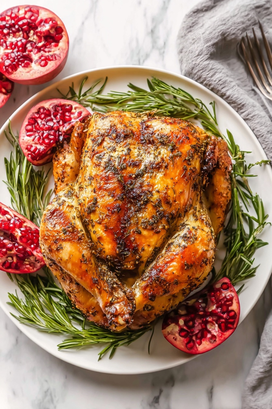 A whole roasted chicken with a golden brown, crispy skin that is speckled with herbs and spices. The chicken is resting on a white plate with some green herbs and slices of red roasted vegetables around it. A woman's hand is holding a silver fork slicing into the chicken, revealing juicy and tender light meat inside. The white marbled background contrasts softly with the rich warm colors of the chicken and vegetables. photo taken with an iphone --ar 2:3 --v 7 - Garlic Herb Butter Roast Chicken, Juicy Roast Chicken with Garlic and Herbs, Easy Garlic Herb Chicken, Herb Butter Chicken Recipe, Sunday Roast Chicken