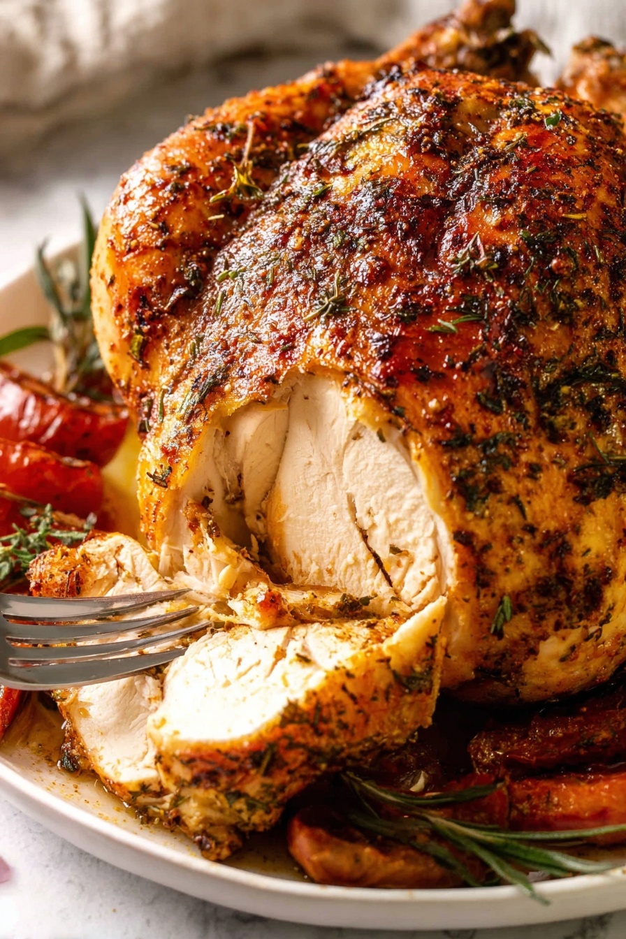 A whole roasted chicken sits in a black cast iron pan, showing a crispy roasted skin with a mix of golden brown and darker charred spots from the spices and herbs spread over it. The chicken is tied at the legs with a string and has lemon seeps out slightly underneath the bird. To the right side inside the pan is a large shiny metal knife resting on the edge. The pan is placed on a white marbled surface with a small round white bowl filled with chopped green herbs in the upper right corner and a light gray cloth draped loosely in the top left background. Photo taken with an iphone --ar 2:3 --v 7 - Garlic Herb Butter Roast Chicken, Juicy Roast Chicken with Garlic and Herbs, Easy Garlic Herb Chicken, Herb Butter Chicken Recipe, Sunday Roast Chicken