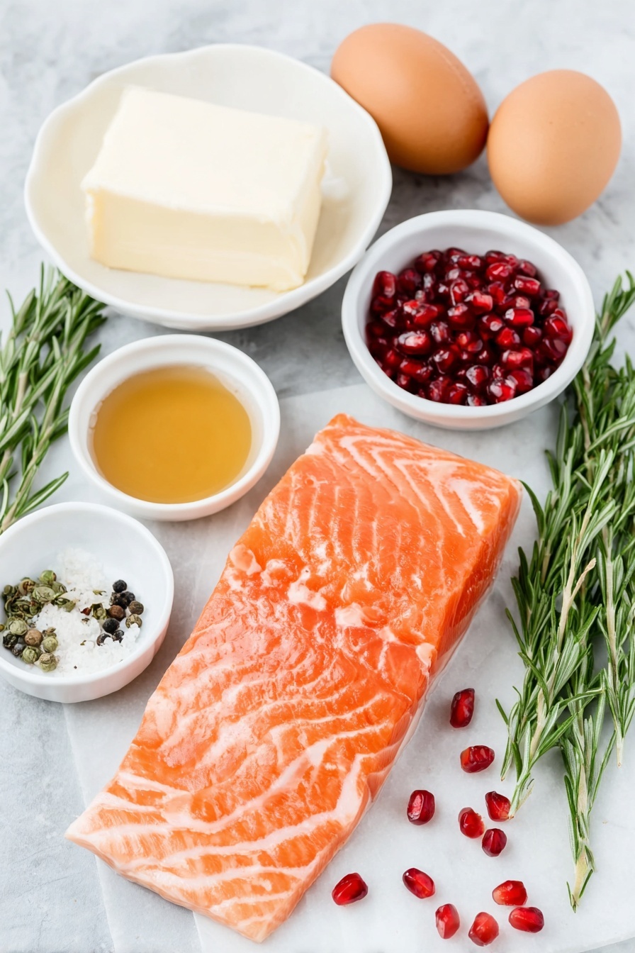 Roasted Salmon with Pomegranate Glaze Recipe 7 Flat lay of a fresh raw salmon fillet with bright pink flesh, a small white bowl filled with deep red pomegranate molasses, a small white bowl with amber maple syrup, a pat of creamy butter on a simple white ceramic dish, a small white bowl holding golden vanilla extract, a small white bowl with dried rosemary leaves, whole uncracked brown eggs with smooth shells, tiny white bowls containing fine salt and black peppercorns, scattered shiny red pomegranate seeds, and fresh green rosemary sprigs, all arranged with perfect symmetry on a clean white marble surface, soft natural light, photo taken with an iPhone, professional food photography style, fresh ingredients, white ceramic bowls, no bottles, no duplicates, no utensils, no packaging --ar 2:3 --v 7 --p m7354615311229779997 - Roasted Salmon with Pomegranate Glaze, pomegranate salmon recipe, healthy roasted salmon, easy salmon glaze, festive salmon dinner