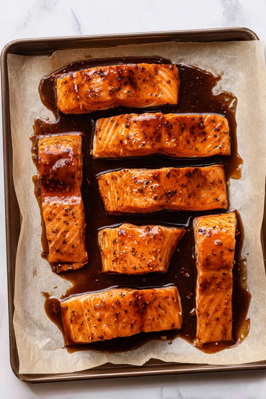 Roasted Salmon with Pomegranate Glaze Recipe 6 Six pieces of orange salmon fillets are laid out on a baking sheet lined with parchment paper. Each fillet is covered in a shiny dark brown marinade with visible herbs and spices, creating a glossy, slightly sticky look. The salmon skin is not visible, and the pieces are arranged in two rows with three fillets in each. The baking sheet rests on a white marbled surface. photo taken with an iphone --ar 2:3 --v 7 - Roasted Salmon with Pomegranate Glaze, pomegranate salmon recipe, healthy roasted salmon, easy salmon glaze, festive salmon dinner