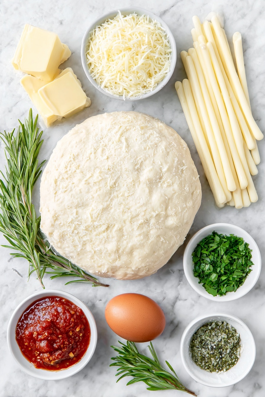 Cheesy Christmas Tree Bread Recipe 7 Flat lay of fresh refrigerator pizza dough ball, several mozzarella cheese sticks with smooth white surfaces, one large whole brown egg with clean shell, small white ceramic bowl with melted butter, small white ceramic bowl with grated parmesan cheese, small white ceramic bowl with finely chopped fresh parsley, small white ceramic bowl with finely chopped fresh rosemary, small white ceramic bowl with finely chopped fresh basil, small white ceramic bowl with grated garlic, small white ceramic bowl with red marinara sauce, and small white ceramic bowl with green pesto sauce, all arranged in perfect symmetry placed on a clean white marble surface, soft natural light, photo taken with an iPhone, professional food photography style, fresh ingredients, white ceramic bowls, no bottles, no duplicates, no utensils, no packaging --ar 2:3 --v 7 --p m7354615311229779997 - Cheesy Christmas Tree Bread, holiday cheesy bread, festive bread appetizer, Christmas bread recipe, cheesy bread holiday centerpiece