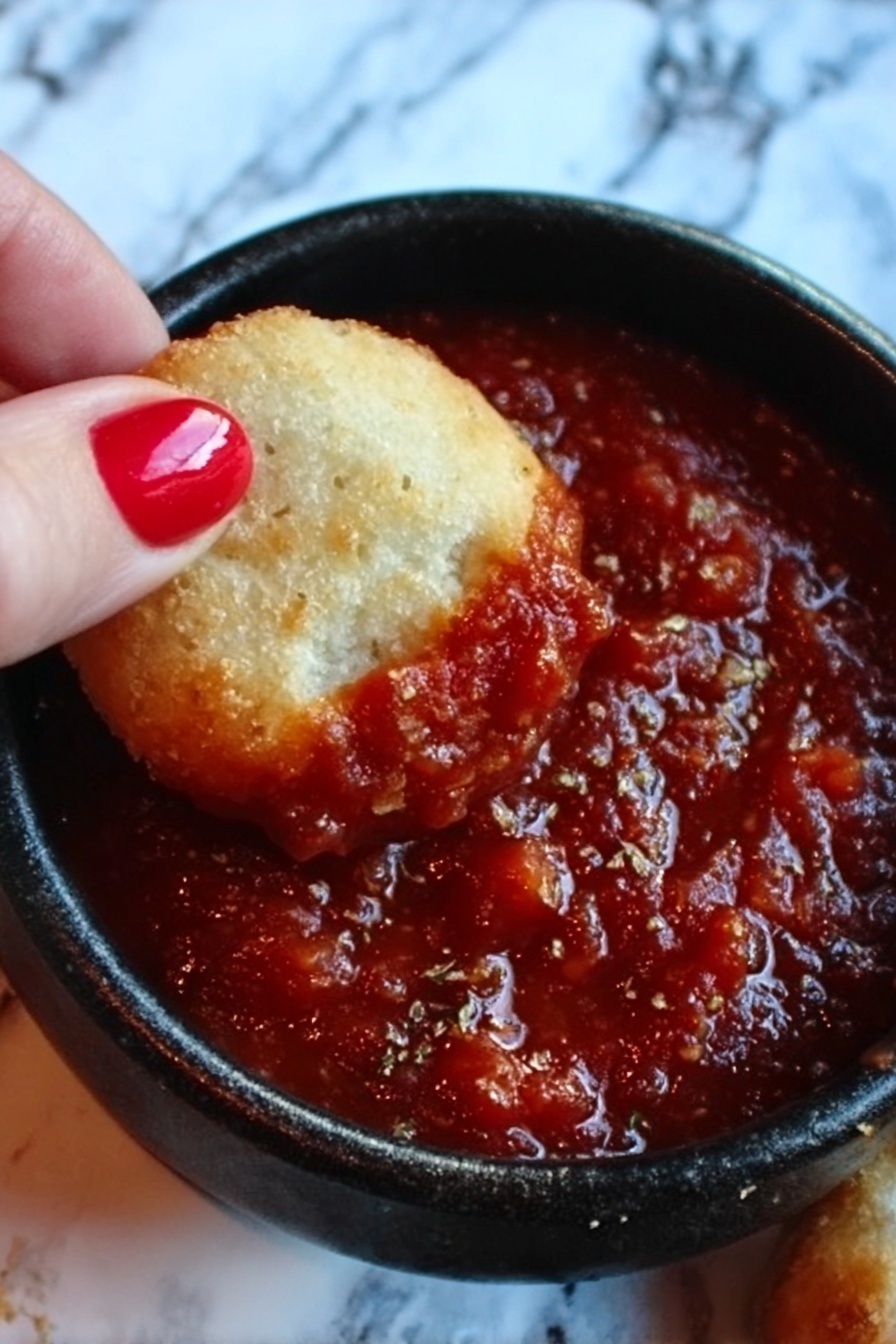 Cheesy Christmas Tree Bread Recipe 6 The image shows a close-up of a small black bowl filled with thick, red tomato sauce with visible chunks and texture. Above the bowl, a woman's hand with red nail polish is holding a round, golden-brown biscuit or bread piece that is partially dipped into the sauce. The background is a white marbled surface. photo taken with an iphone --ar 2:3 --v 7 - Cheesy Christmas Tree Bread, holiday cheesy bread, festive bread appetizer, Christmas bread recipe, cheesy bread holiday centerpiece