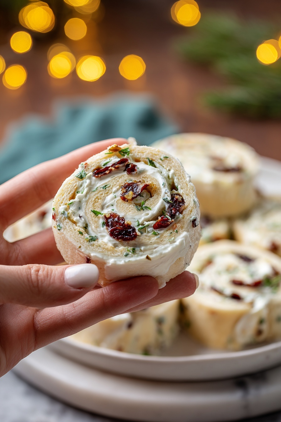Cranberry Feta Roll-Ups Recipe 8 A woman's hand is holding a small round roll made of soft white bread spread with a creamy white layer mixed with small green herb bits and dark red dried fruit pieces. The roll is sliced to show the spiral of the bread and filling, displaying three visible layers: the smooth outer bread, the creamy filling with green herbs, and the scattered dried fruit inside. In the blurred background, a white plate holds several more of these rolls arranged close together. The scene is set on a white marbled surface with warm yellow bokeh lights in the background adding a cozy feel. Photo taken with an iphone --ar 2:3 --v 7 - Cranberry Feta Roll-Ups, cranberry feta appetizer, holiday snack ideas, festive party appetizers, easy cheese and cranberry bites