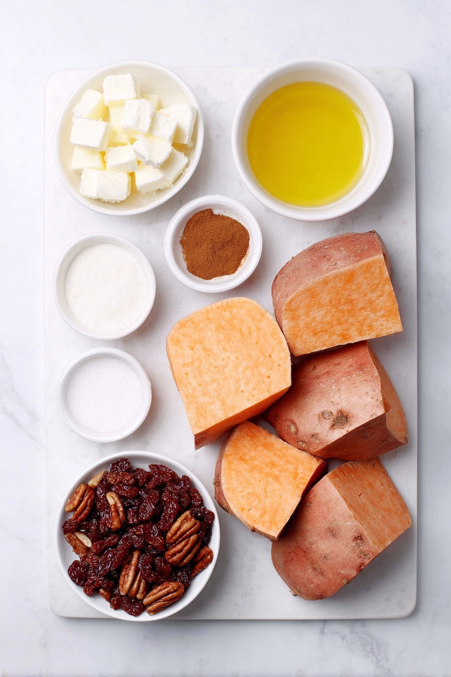 Flat lay of large peeled sweet potato cubes, small white bowl of extra virgin olive oil, small white bowl of ground cinnamon, small white bowl of ground nutmeg, small white bowl of almond milk, small white bowl of vanilla extract, small white bowl of cubed unsalted butter, small white bowl of organic brown sugar, small white bowl of pure maple syrup, small white bowl of ground allspice, small white bowl of organic raisins, small white bowl of white marshmallows, small white bowl of raw pecans placed on a clean white marble surface, soft natural light, photo taken with an iPhone, professional food photography style, fresh ingredients, white ceramic bowls, no bottles, no duplicates, no utensils, no packaging --ar 2:3 --v 7 --p m7354615311229779997 - Sweet Potato Maple Casserole with Marshmallows, holiday sweet potato casserole, comforting side dish recipes, festive sweet potato dessert, easy holiday casserole