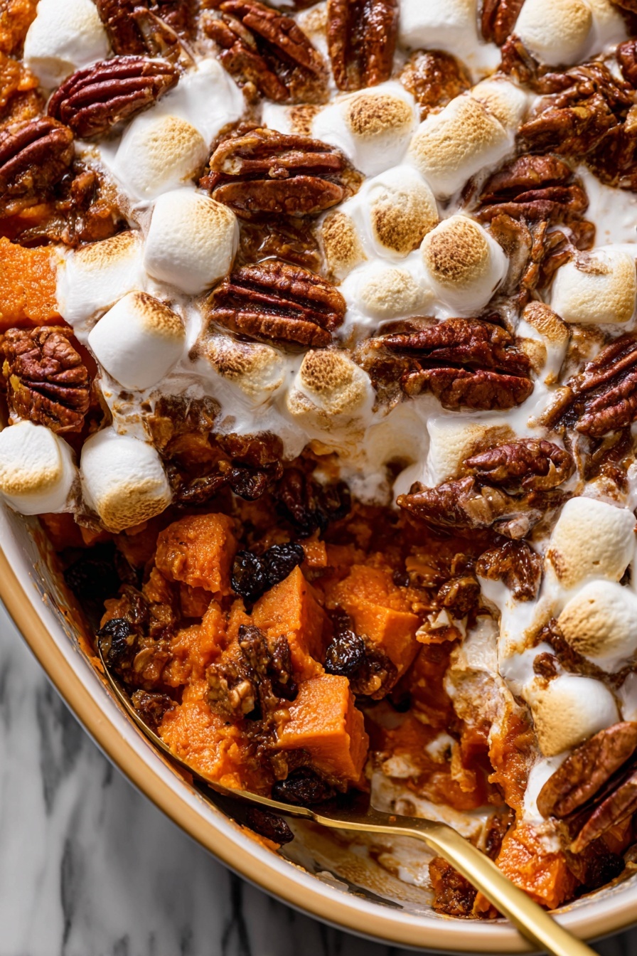A close-up of a warm casserole dish filled with layers of soft orange sweet potato chunks mixed with dark raisins and covered with toasted white marshmallows. On top, there is a generous layer of shiny, textured pecan halves scattered unevenly. The casserole is partially scooped out with a golden spoon resting on the right side inside a white marbled kitchen surface. The sweet potato appears soft and slightly chunky with a rich orange color, while the pecans add a deep brown contrast. Photo taken with an iphone --ar 2:3 --v 7 - Sweet Potato Maple Casserole with Marshmallows, holiday sweet potato casserole, comforting side dish recipes, festive sweet potato dessert, easy holiday casserole
