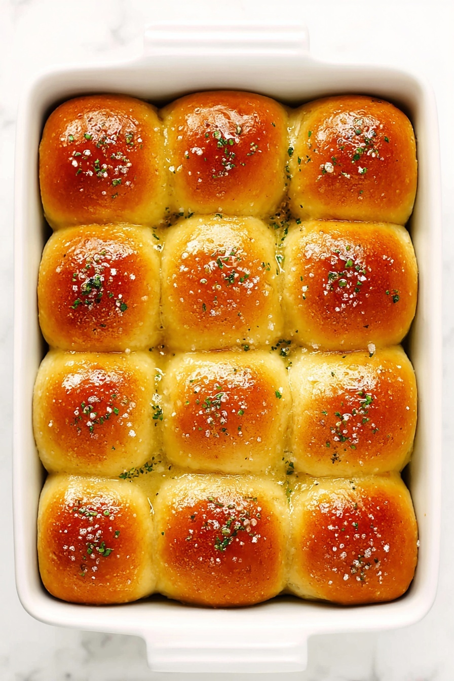 A white rectangular baking dish holds twelve golden brown dinner rolls arranged in a 3 by 4 grid. Each roll is smooth, shiny, and slightly rounded on top, with a crust that is a warm golden color, showing a gentle gradient from darker brown centers to lighter edges. The tops of the rolls are sprinkled with coarse salt and small green herb flakes, adding texture and color contrast. The rolls sit closely together, with the sides touching, inside the clean white dish. The surface underneath is a white marbled texture. photo taken with an iphone --ar 2:3 --v 7 - Rosemary Garlic Dinner Rolls, garlic bread, soft bread rolls, quick bread recipes, homemade dinner rolls
