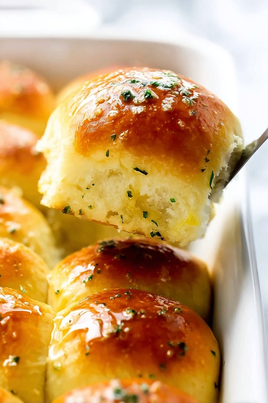 The image shows a close-up of a soft, golden brown dinner roll being lifted with a spatula above a white baking dish filled with similar rolls. The roll's top layer has a shiny, brushed butter look with small green herb bits sprinkled over it and a few grains of coarse salt visible. The roll’s texture looks fluffy and slightly uneven with a light yellow color beneath the browned surface. The background is a white marbled texture that softly blurs out the rest of the rolls in the dish. Photo taken with an iphone --ar 2:3 --v 7 - Rosemary Garlic Dinner Rolls, garlic bread, soft bread rolls, quick bread recipes, homemade dinner rolls