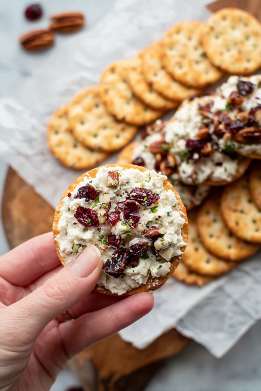 Cranberry Pecan Cheese Log Recipe 6 A log-shaped cheese ball covered with chopped nuts and pieces of dark red dried cranberries is shown close-up, resting on white parchment paper. The cheese inside is creamy white, mixed with bits of green herbs and pieces of cranberries and nuts. The outer surface of the log is rough with visible pieces of nuts and cranberries in warm brown, dark red, and green colors. Some crackers and scattered nut pieces appear blurred in the foreground on a white marbled surface. Photo taken with an iphone --ar 2:3 --v 7 - Cranberry Pecan Cheese Log, holiday cheese appetizer, festive cheese ball, quick cheese log recipe, easy party appetizers