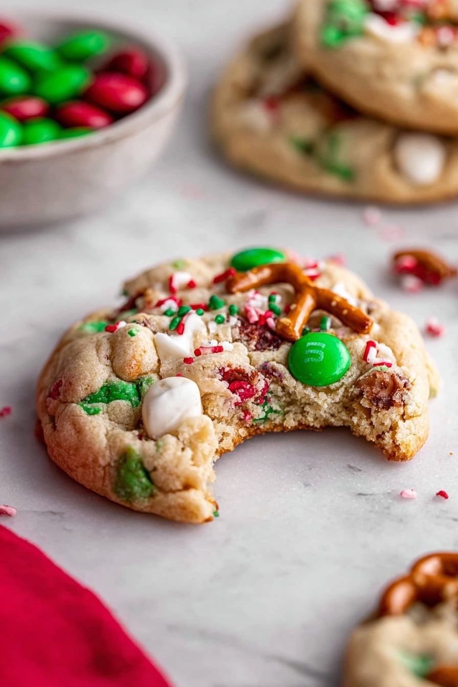 Christmas Kitchen Sink Cookies Recipe 6 A soft, round cookie sits on a white marbled surface, with one bite taken from the right side, showing its chewy interior. The cookie dough is light tan with a slightly crumbly texture and is packed with bright green and red candy pieces, small red and green sprinkles, and light brown pretzel bits embedded throughout. Behind it, parts of two similar cookies and a small bowl filled with more green and red candies are visible, all placed on the same white marbled surface. A bright red cloth is partly visible in the lower left corner. Photo taken with an iphone --ar 2:3 --v 7 - Christmas Kitchen Sink Cookies, festive cookie recipes, holiday dessert ideas, colorful holiday cookies, easy Christmas treats