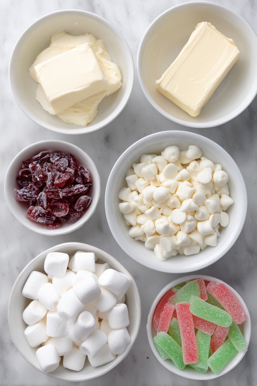Christmas White Chocolate Candy Bars Recipe 7 Flat lay of a small slab of golden butter, a simple white ceramic bowl filled with smooth white chocolate chips, a white ceramic bowl brimming with fluffy mini marshmallows, and a white ceramic bowl holding an assortment of vibrant red and green chopped gumdrops, all arranged with perfect symmetry, fresh and natural, placed on a clean white marble surface, soft natural light, photo taken with an iPhone, professional food photography style, fresh ingredients, white ceramic bowls, no bottles, no duplicates, no utensils, no packaging --ar 2:3 --v 7 --p m7354615311229779997 - Christmas White Chocolate Candy Bars, festive white chocolate treats, holiday candy bars, no-bake Christmas desserts, easy holiday sweets