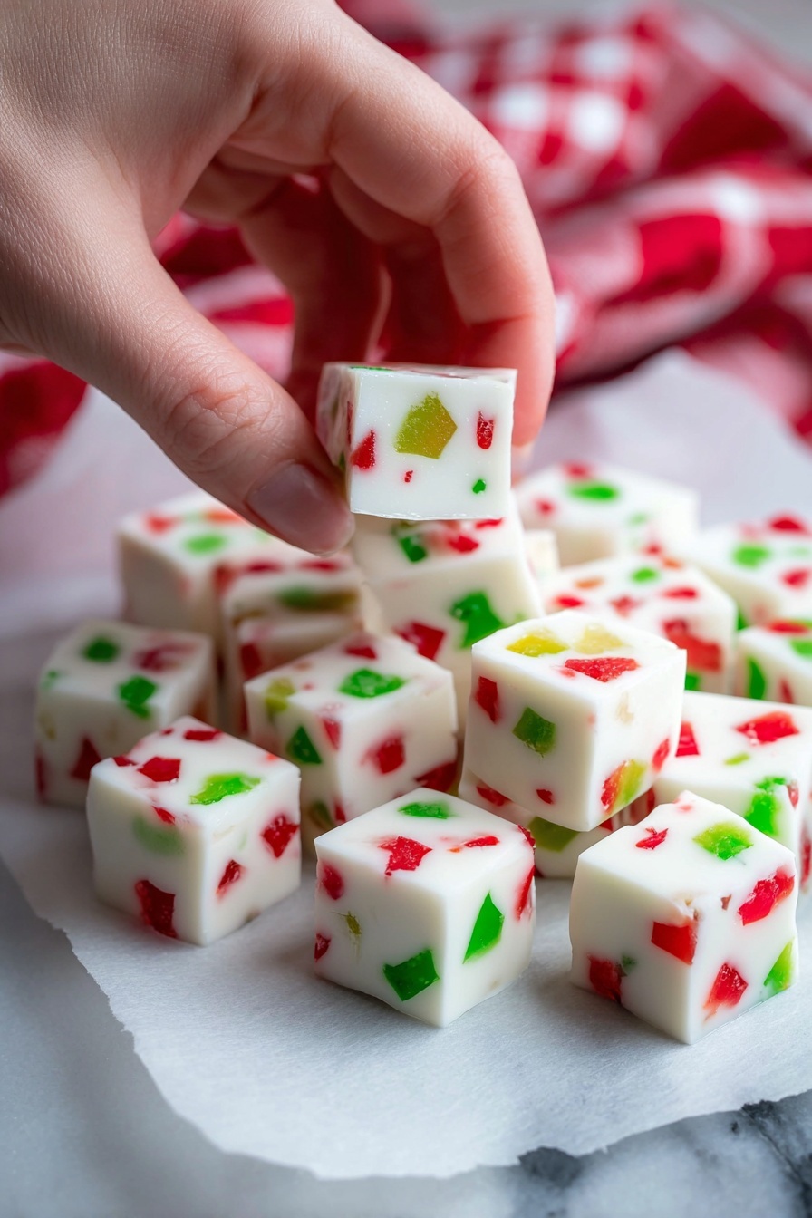 Christmas White Chocolate Candy Bars Recipe 6 A woman's hand is holding a small white square jelly candy piece with bright red and green jelly bits inside it. Beneath, there is a pile of the same white jelly candy cubes, each containing scattered red and green pieces with a soft, smooth texture. The candies are placed on white parchment paper over a white marbled surface, and a red-and-white checkered cloth is visible blurred in the background. photo taken with an iphone --ar 2:3 --v 7 - Christmas White Chocolate Candy Bars, festive white chocolate treats, holiday candy bars, no-bake Christmas desserts, easy holiday sweets