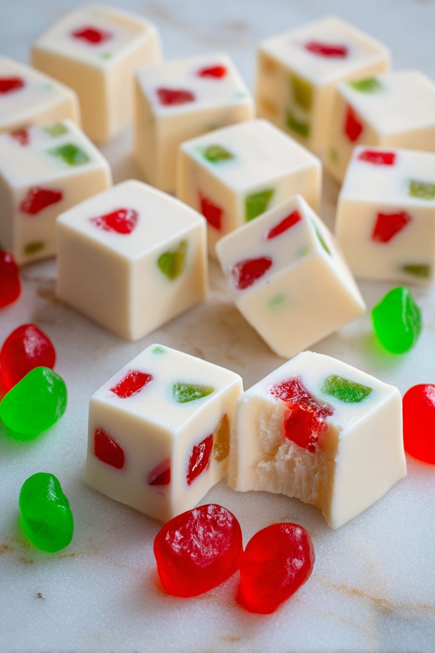 Christmas White Chocolate Candy Bars Recipe 8 Small cubes of creamy white candy are scattered on a white marbled surface. Each cube contains embedded red and green jelly-like pieces, adding bright spots of color inside the smooth, soft-textured candy. One cube in the front has a bite taken out, showing the same creamy white inside with bits of the red and green jelly. Around the cubes, there are loose red and green gumdrop candies with a shiny, translucent surface. The overall scene is bright and colorful with a mix of smooth and slightly shiny textures. Photo taken with an iphone --ar 2:3 --v 7 - Christmas White Chocolate Candy Bars, festive white chocolate treats, holiday candy bars, no-bake Christmas desserts, easy holiday sweets