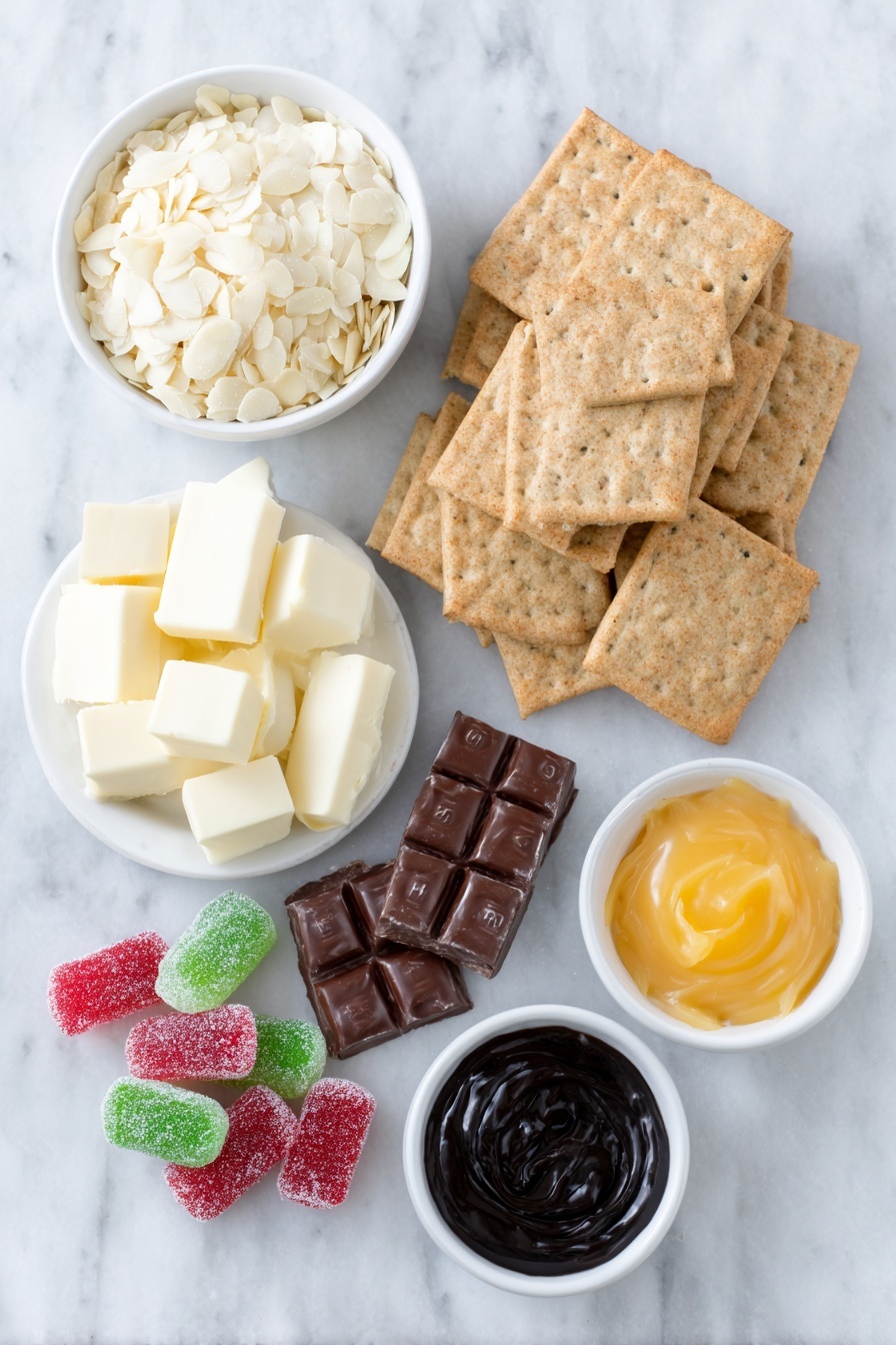 Flat lay of a small pile of smooth, creamy white almond bark chunks, a neat stack of twelve golden Oreo cookies with bright golden cream centers, six glossy red and green gumdrops cut in half showing their sugary texture, a few separated lengths of shiny red Twizzler pull and peel candy strips, scattered handful of red and green mini M&Ms with vibrant, glossy shells, small white ceramic bowls holding smooth black and bright orange cookie icing gels, all arranged symmetrically on a clean white marble surface, soft natural light, photo taken with an iPhone, professional food photography style, fresh ingredients, white ceramic bowls, no bottles, no duplicates, no utensils, no packaging --ar 2:3 --v 7 --p m7354615311229779997 - Melted Snowman Candy Bark, festive holiday candy bark, winter themed treats, easy Christmas candy recipes, colorful holiday dessert