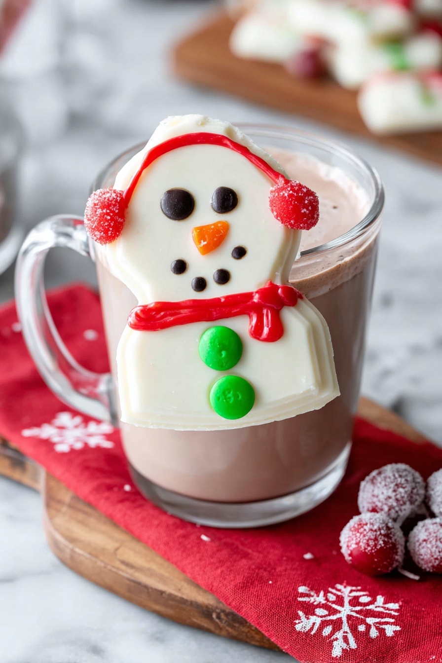 A clear glass mug filled with light brown hot chocolate sits on a white marbled surface. Leaning against the mug is a large white chocolate shard decorated like a snowman’s face and upper body. The snowman is made from a round white dollop with black candy eyes and mouth dots, plus an orange candy nose. Red candy earmuffs frame the snowman’s face with a red icing band across the top. Below the face are three green candy buttons arranged vertically on the white chocolate. Nearby on the wooden board, there are frosted red berries and a white chocolate leaf on a red napkin with white snowflake designs. Photo taken with an iphone --ar 2:3 --v 7 - Melted Snowman Candy Bark, festive holiday candy bark, winter themed treats, easy Christmas candy recipes, colorful holiday dessert