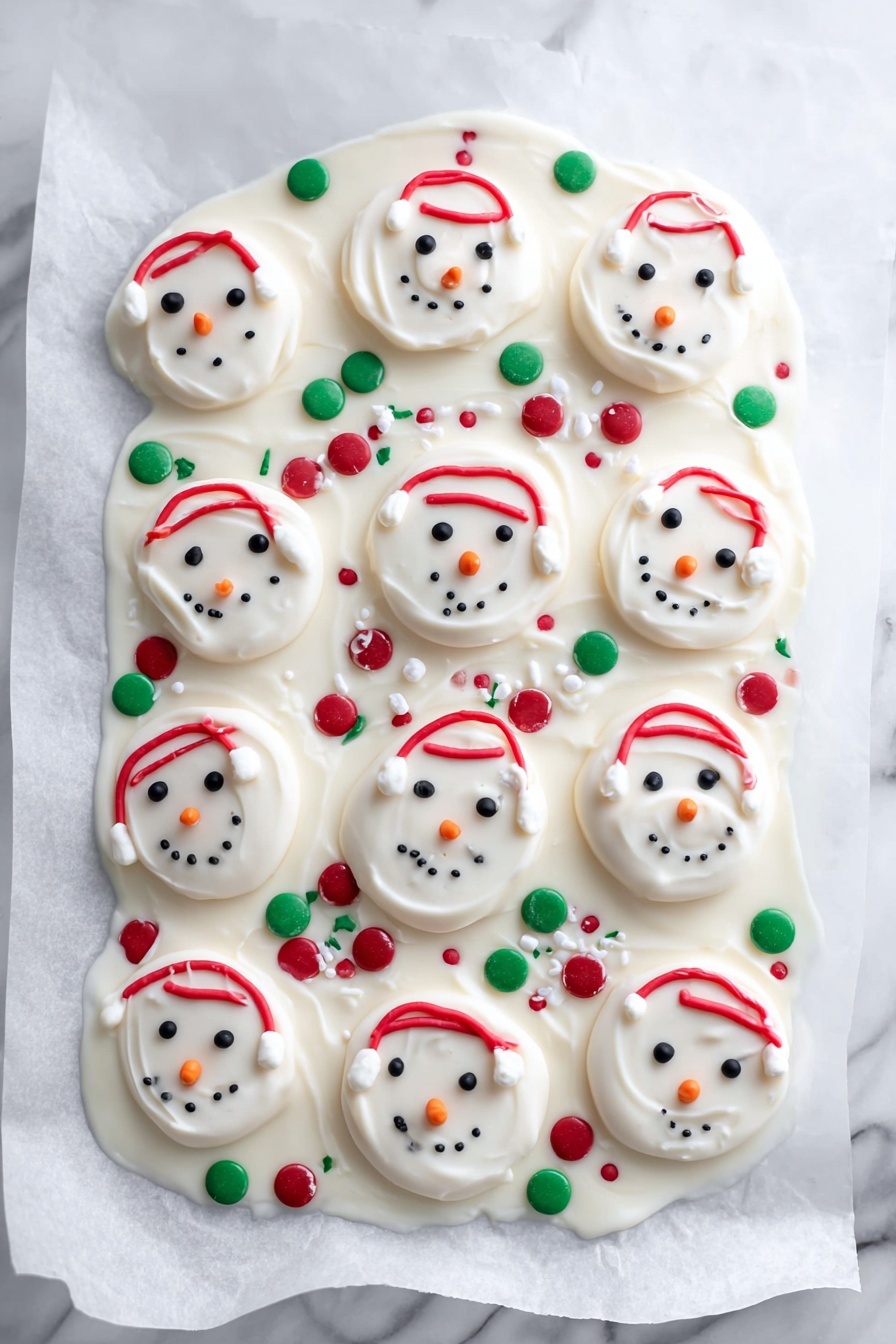 The image shows a white marbled surface with a layer of thick, smooth white chocolate spread unevenly across a piece of white parchment paper. Embedded in the white chocolate are twelve round white snowman faces made from a candy base, each decorated with small black candies for eyes and mouth, an orange candy for the nose, and red or green gumdrop earmuffs connected by thin red licorice strips. Sprinkles of red and green round candies are scattered around the snowmen as buttons and accents, adding a festive touch. The whole scene is bright and colorful with a playful winter holiday theme, photo taken with an iphone --ar 2:3 --v 7 - Melted Snowman Candy Bark, festive holiday candy bark, winter themed treats, easy Christmas candy recipes, colorful holiday dessert