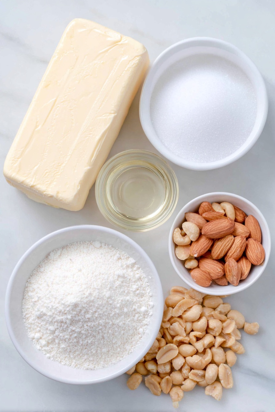 Homemade Nut Brittle Recipe 7 Flat lay of half a small block of salted butter, a small white ceramic bowl of granulated sugar, a small white ceramic bowl of light corn syrup, a small white ceramic bowl of clear water, a small heap of fine baking soda powder, a small pile of almond slices, and a small pile of salted peanuts, all arranged in perfect symmetry in a balanced layout, placed on a clean white marble surface, soft natural light, photo taken with an iPhone, professional food photography style, fresh ingredients, white ceramic bowls, no bottles, no duplicates, no utensils, no packaging --ar 2:3 --v 7 --p m7354615311229779997 - Homemade Nut Brittle, Nut Brittle Recipe, Crunchy Nut Candy, Easy Brittle Making, Sweet Nut Snack