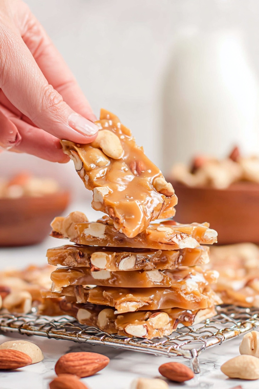 Homemade Nut Brittle Recipe 6 A woman's hand is holding up a piece of light brown nut brittle with visible whole almonds and cashews embedded in it. Below, there is a stack of four pieces of the same nut brittle, each piece thin and flat, showing off the nuts inside. The stack rests on a silver wire rack placed over a white marbled surface. Scattered around the rack are whole almonds and cashews, while the blurred background shows a white bottle and a wooden bowl. The overall image is bright and clear with warm tones. photo taken with an iphone --ar 2:3 --v 7 - Homemade Nut Brittle, Nut Brittle Recipe, Crunchy Nut Candy, Easy Brittle Making, Sweet Nut Snack