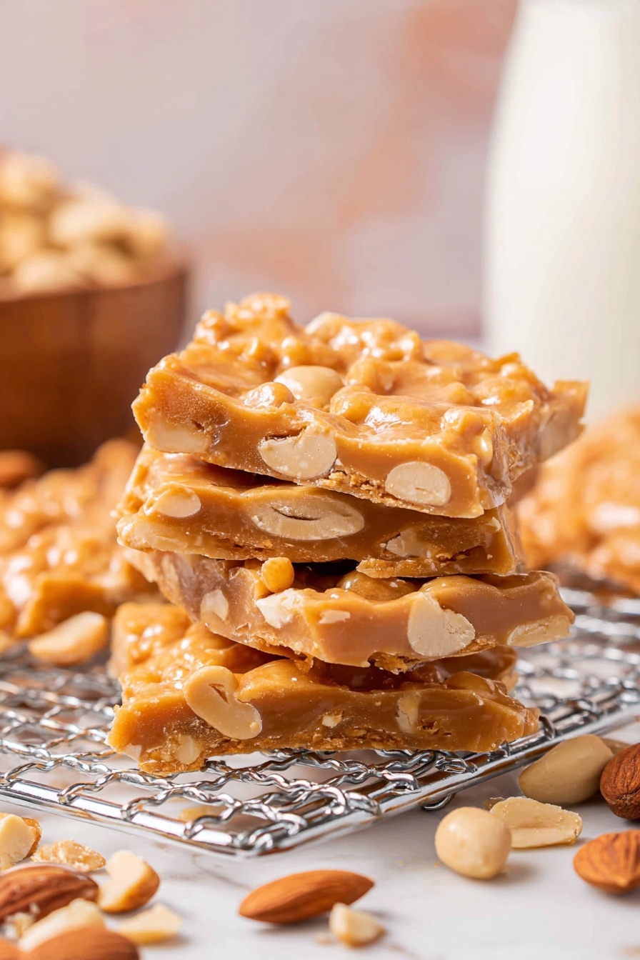 Homemade Nut Brittle Recipe 8 A baking tray lined with brown parchment paper holds an uneven layer of sticky, light brown nut brittle spread out roughly; visible within the brittle are whole and sliced almonds giving it a textured look with creamy and crunchy parts. The tray sits on a white marbled surface with scattered almonds and a wooden spoon with some of the same brittle mixture on its head placed nearby, enhancing the homemade feel. photo taken with an iphone --ar 2:3 --v 7 - Homemade Nut Brittle, Nut Brittle Recipe, Crunchy Nut Candy, Easy Brittle Making, Sweet Nut Snack