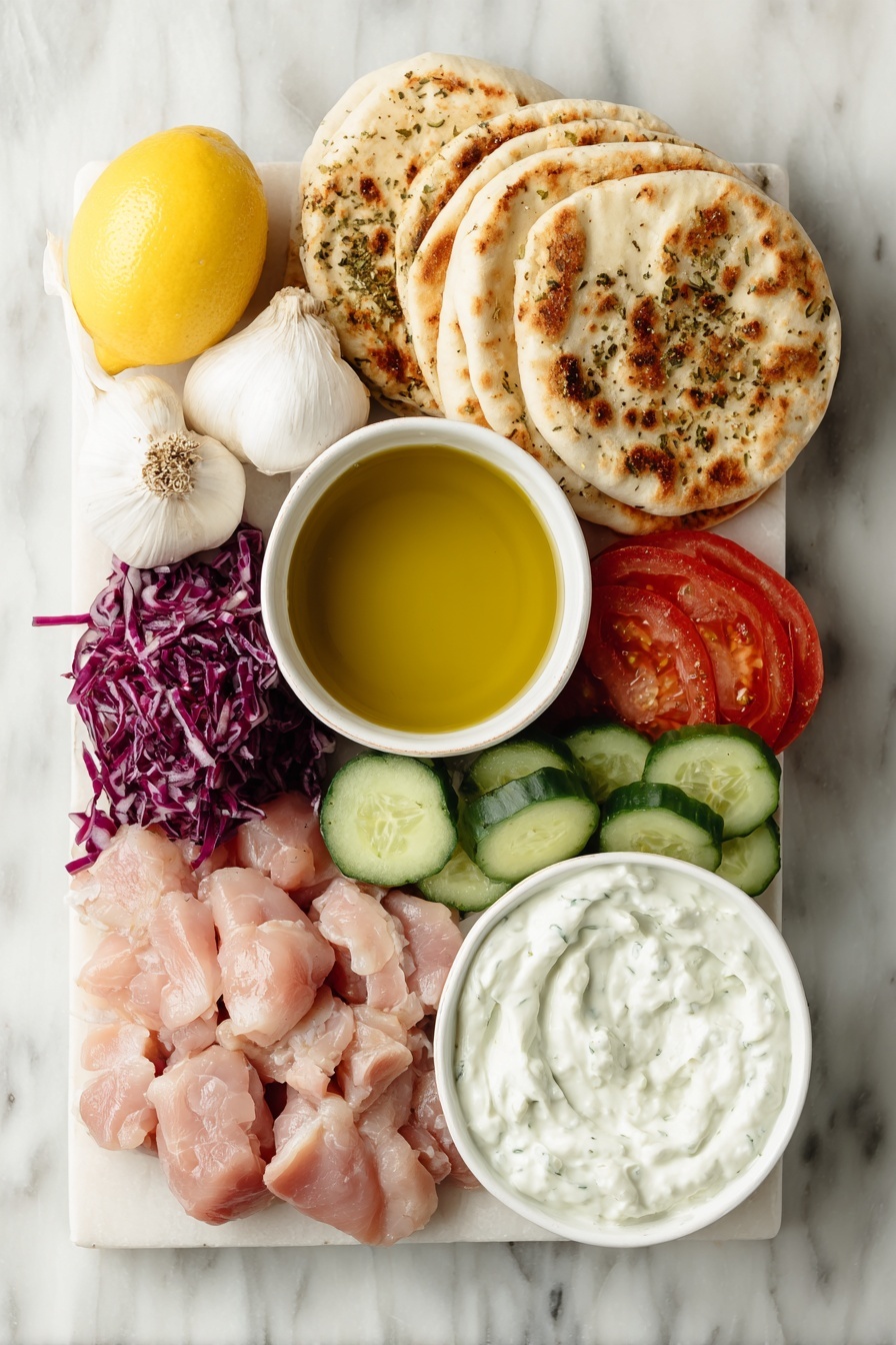 Easy Chicken Shawarma Wraps Recipe 7 Flat lay of a small white ceramic bowl of golden olive oil, two whole bright yellow lemons, three fresh garlic cloves, a small mound of assorted shawarma spices in a neat pile, raw boneless skinless chicken thighs fresh and pink, six round soft pita breads stacked, a ripe red tomato sliced, a green cucumber sliced, half a red onion thinly sliced, a pile of vibrant sliced red cabbage, and a small white ceramic bowl of creamy white tzatziki dip all arranged in perfect symmetry placed on a clean white marble surface, soft natural light, photo taken with an iPhone, professional food photography style, fresh ingredients, white ceramic bowls, no bottles, no duplicates, no utensils, no packaging --ar 2:3 --v 7 --p m7354615311229779997 - Easy Chicken Shawarma Wraps, Chicken Shawarma Wraps, Middle Eastern Chicken Wraps, Healthy Chicken Shawarma, Quick Dinner Ideas